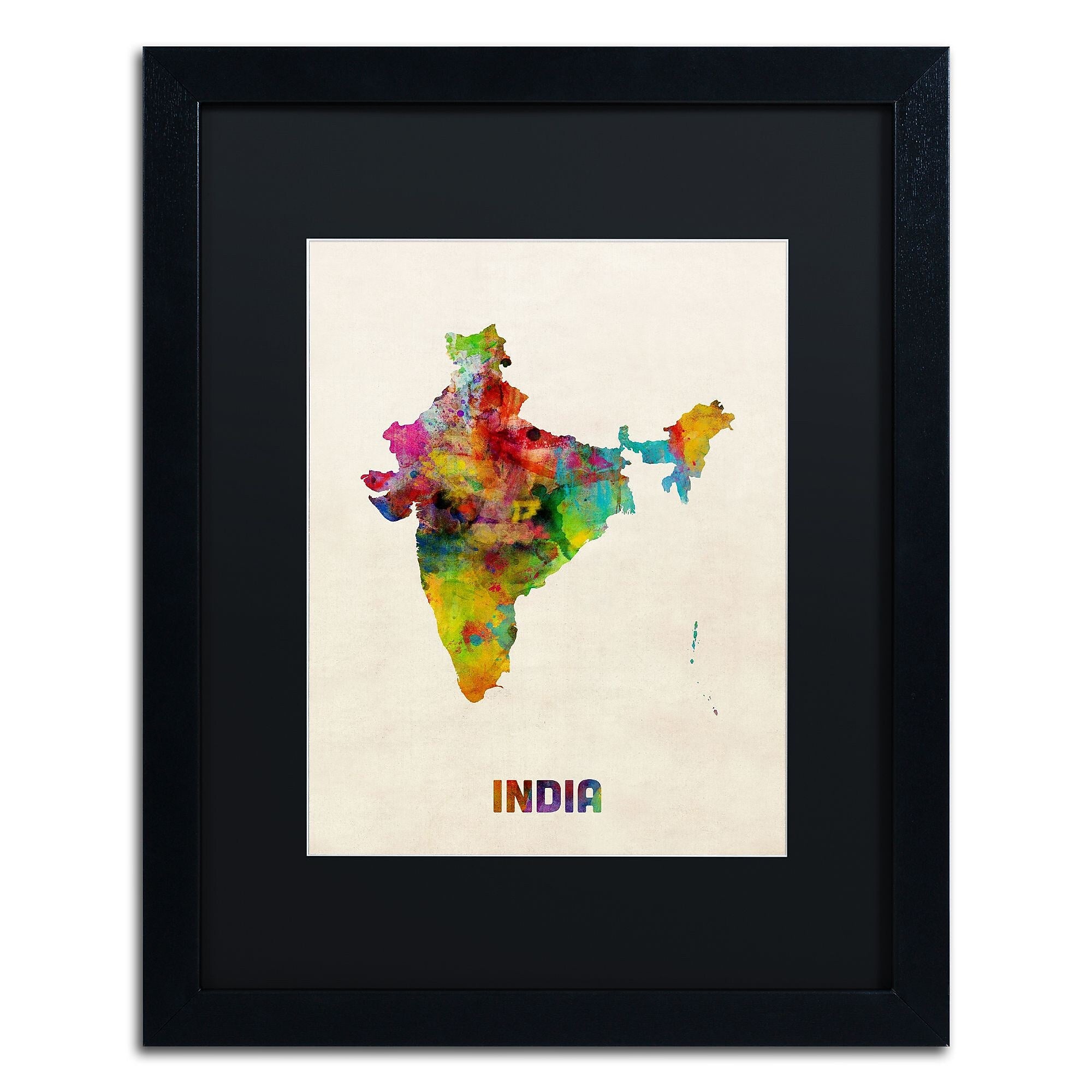 Trademark Fine Art ''India Watercolor Map'' by Michael Tompsett 16" x 20" Black Matted Black Frame (MT0522-B1620BMF)