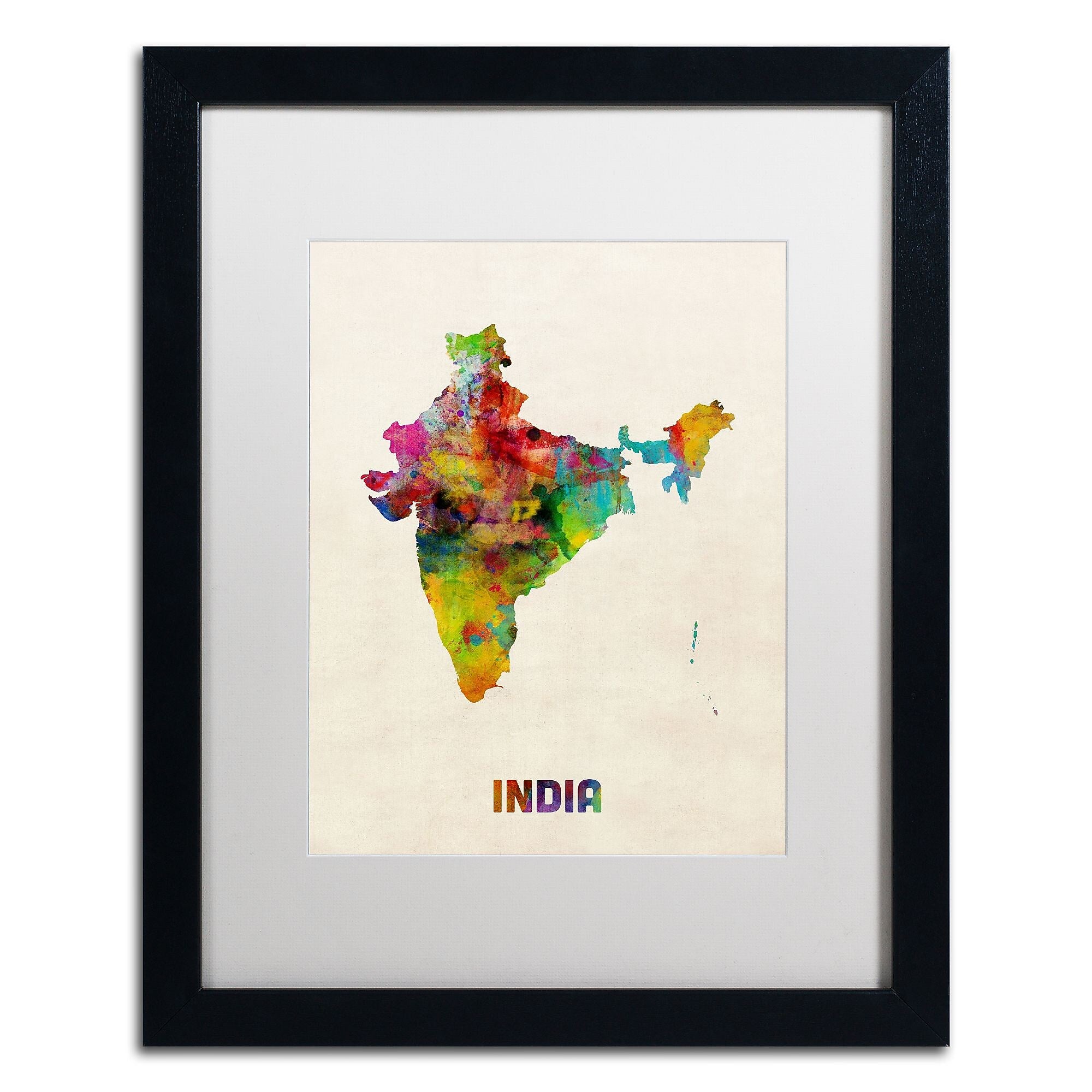 Trademark Fine Art ''India Watercolor Map'' by Michael Tompsett 16" x 20" White Matted Black Frame (MT0522-B1620MF)