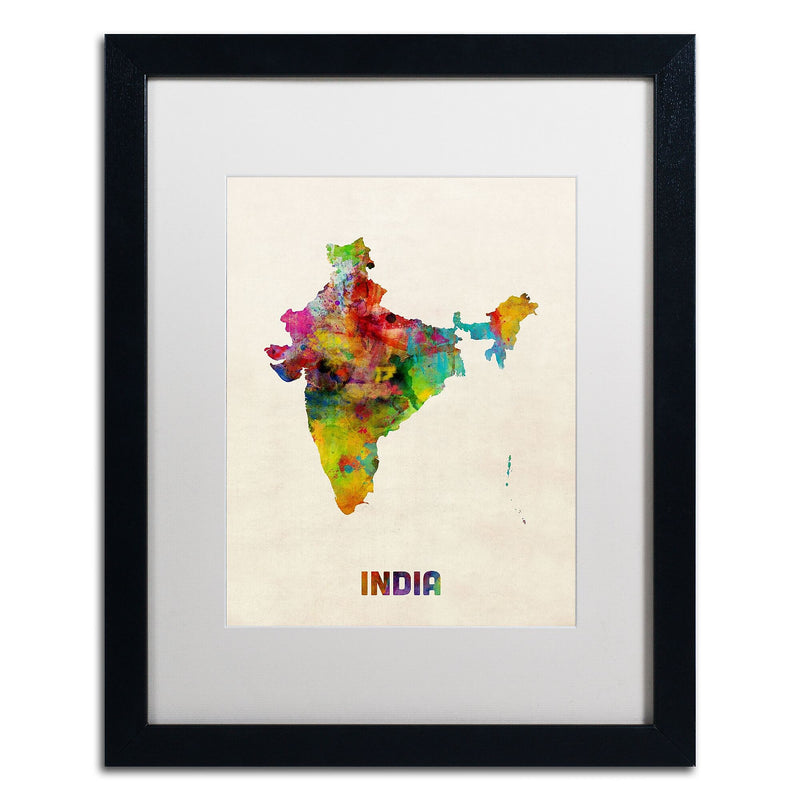 Trademark Fine Art ''India Watercolor Map'' by Michael Tompsett 16" x 20" White Matted Black Frame (MT0522-B1620MF)