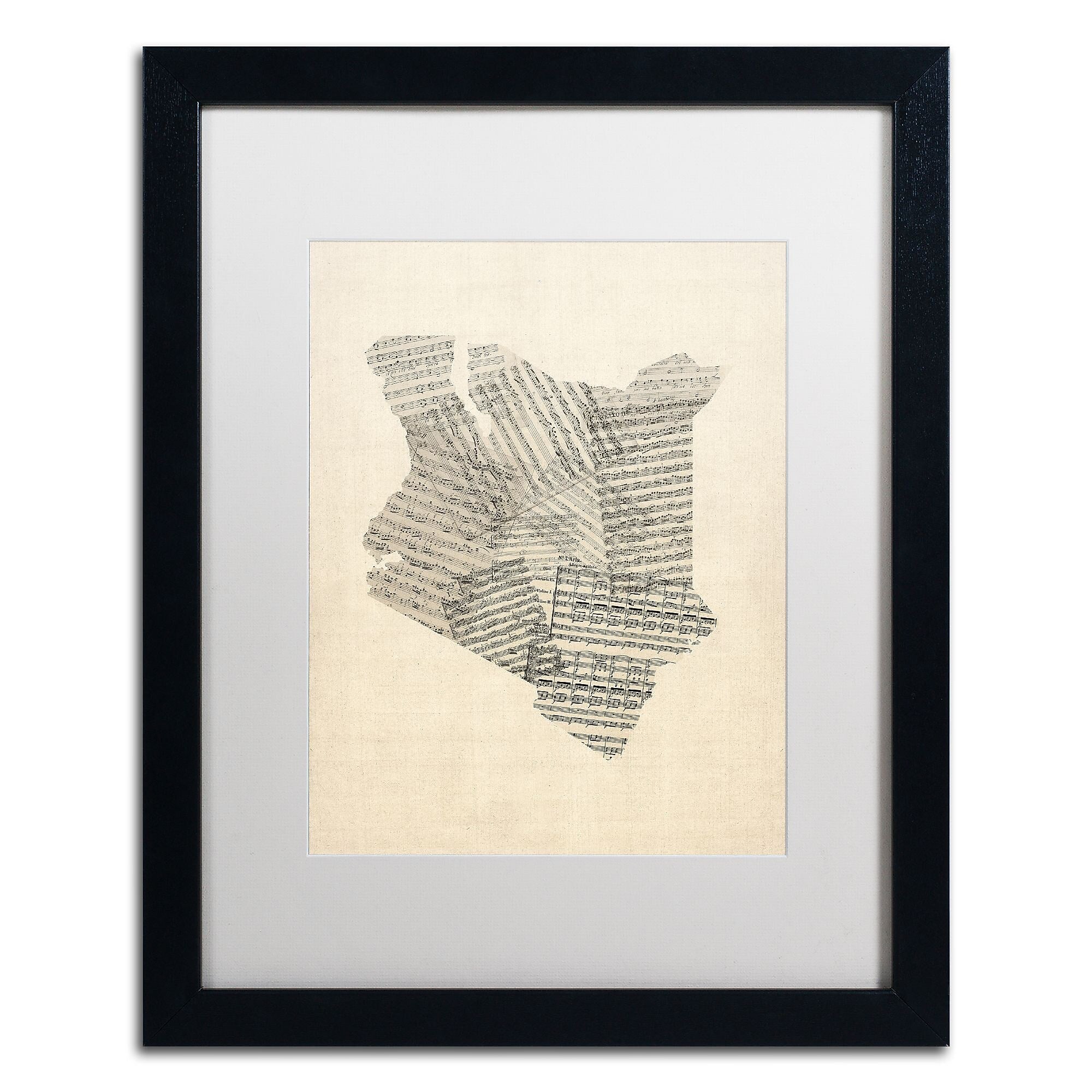 Trademark Fine Art ''Old Sheet Music Map of Kenya'' by Michael Tompsett 16" x 20" White Matted Black Frame (MT0523-B1620MF)
