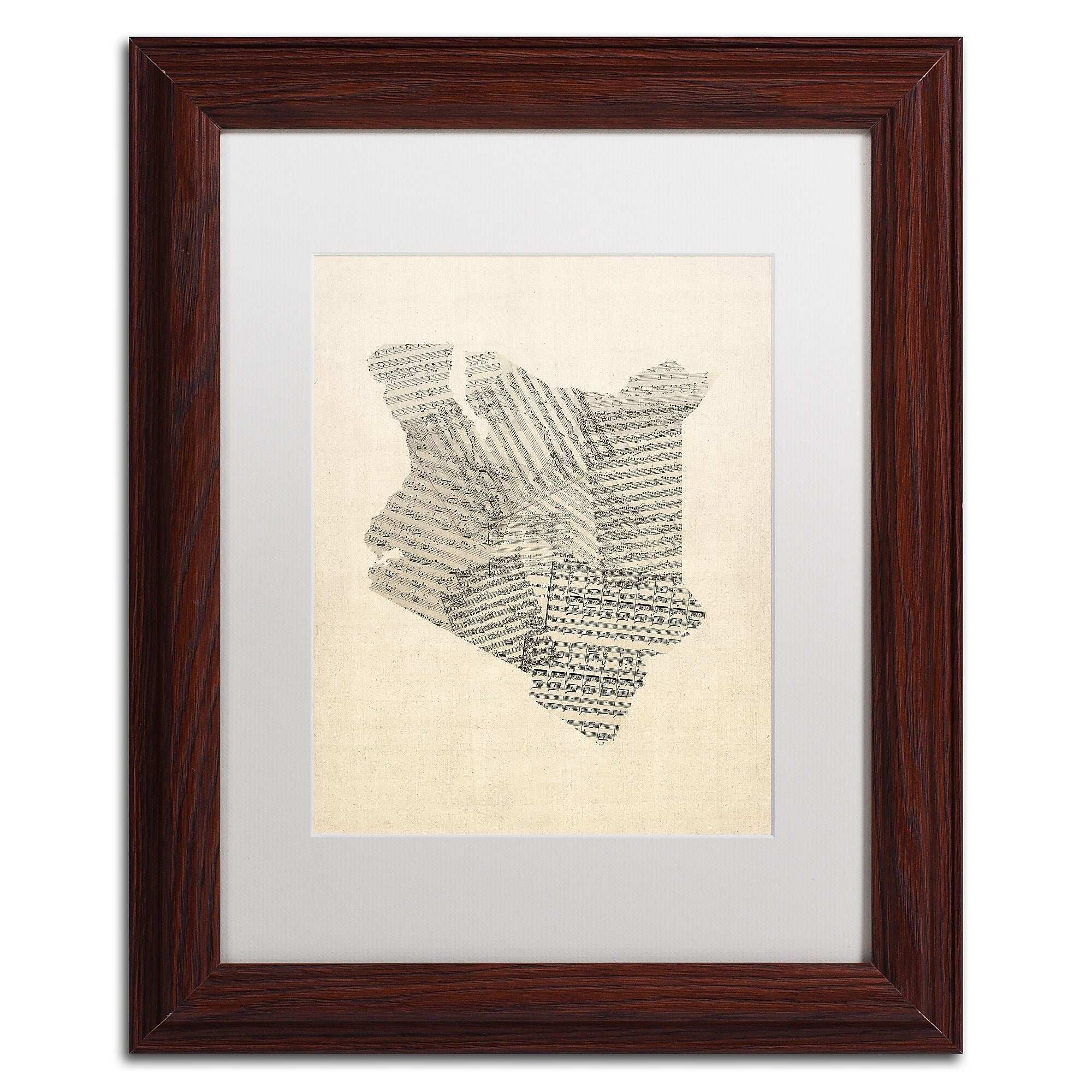 Trademark Fine Art ''Old Sheet Music Map of Kenya'' by Michael Tompsett 11" x 14" White Matted Wood Frame (MT0523-W1114MF)