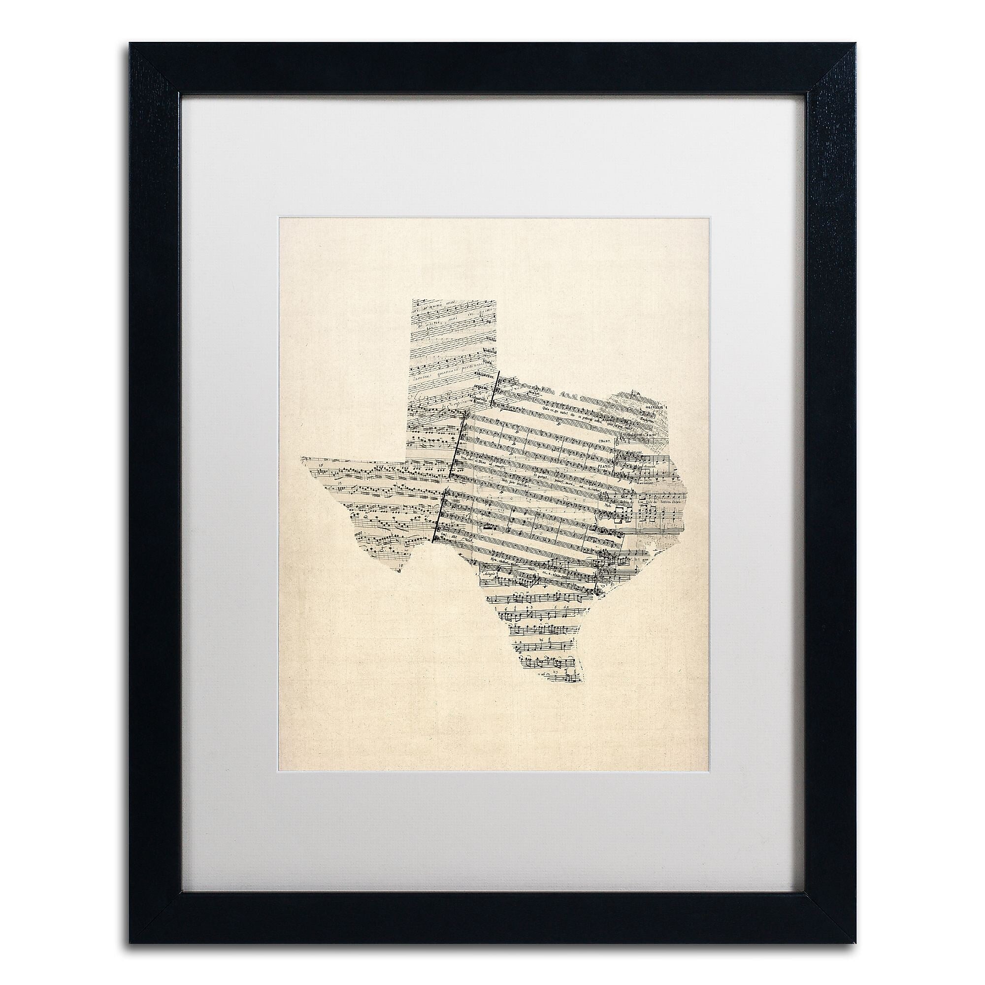Trademark Fine Art ''Old Sheet Music Map of Texas'' by Michael Tompsett 16" x 20" White Matted Black Frame (MT0528-B1620MF)