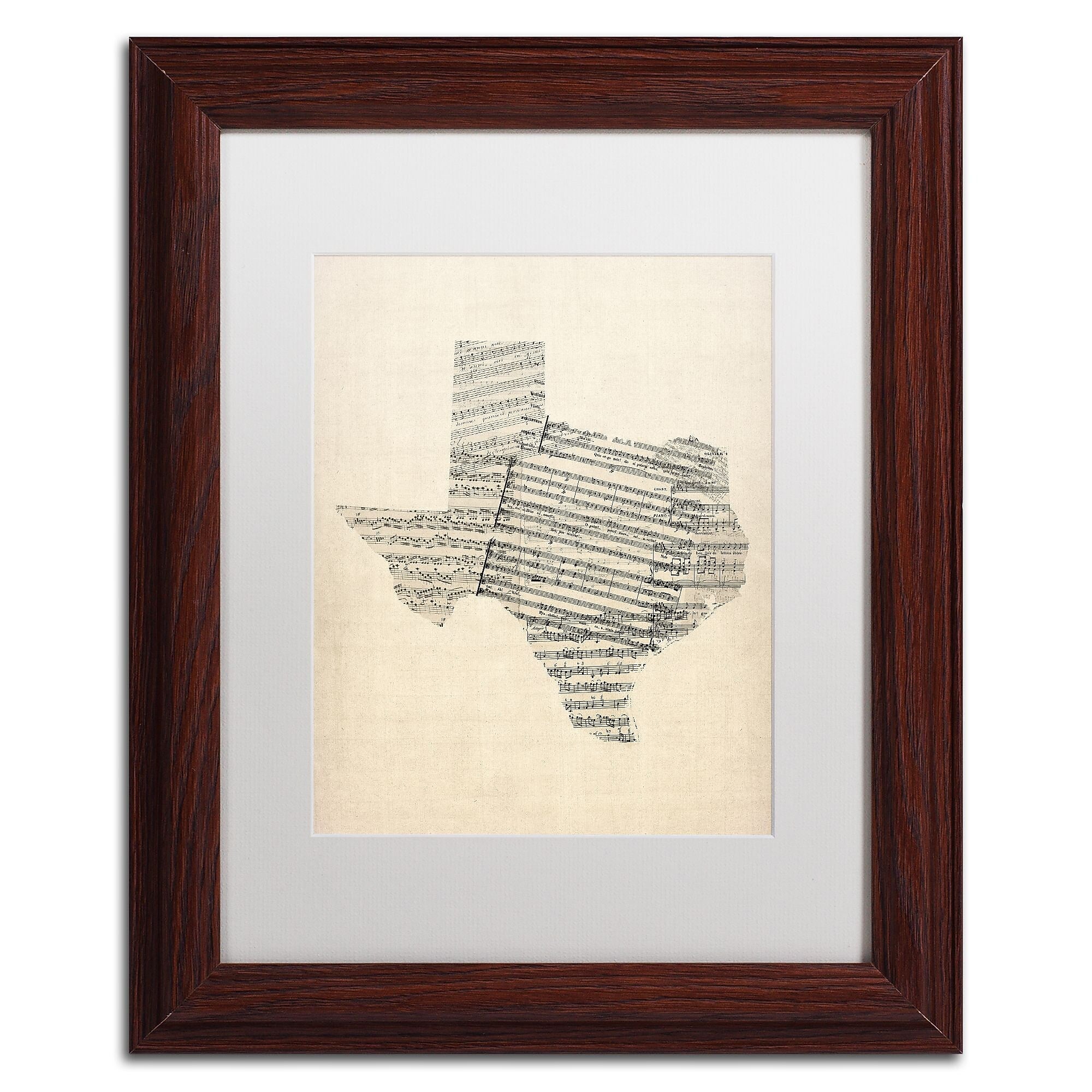 Trademark Fine Art ''Old Sheet Music Map of Texas'' by Michael Tompsett 11" x 14" White Matted Wood Frame (MT0528-W1114MF)
