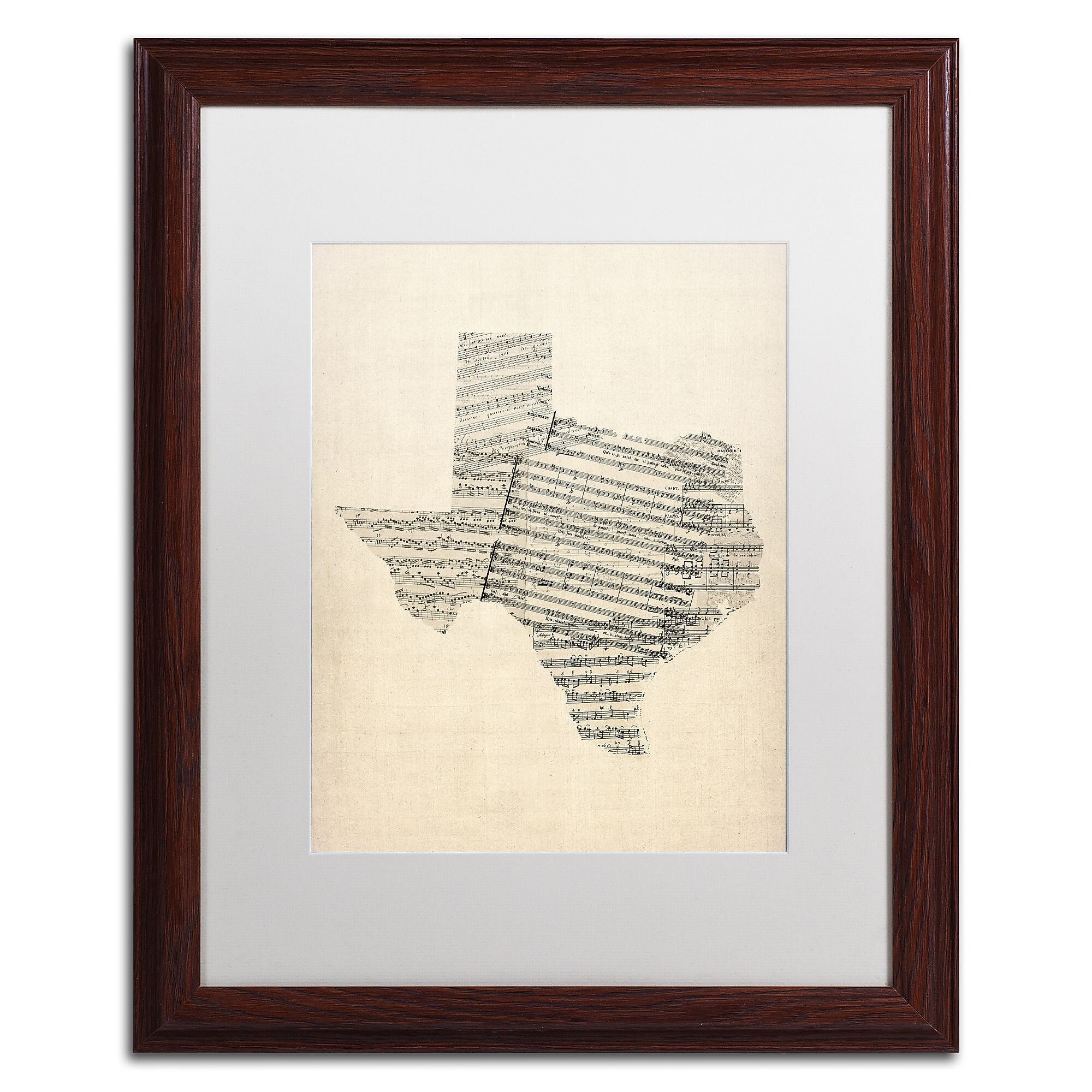 Trademark Fine Art ''Old Sheet Music Map of Texas'' by Michael Tompsett 16" x 20" White Matted Wood Frame (MT0528-W1620MF)
