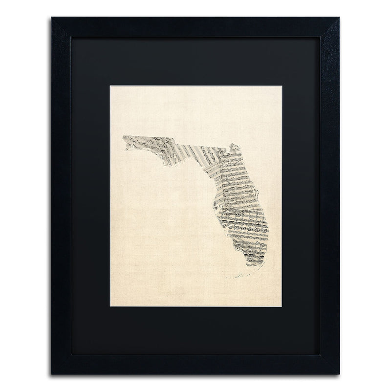 Trademark Fine Art ''Old Sheet Music Map of Florida'' by Michael Tompsett 16" x 20" Black Matted Black Frame (MT0529-B1620BMF)