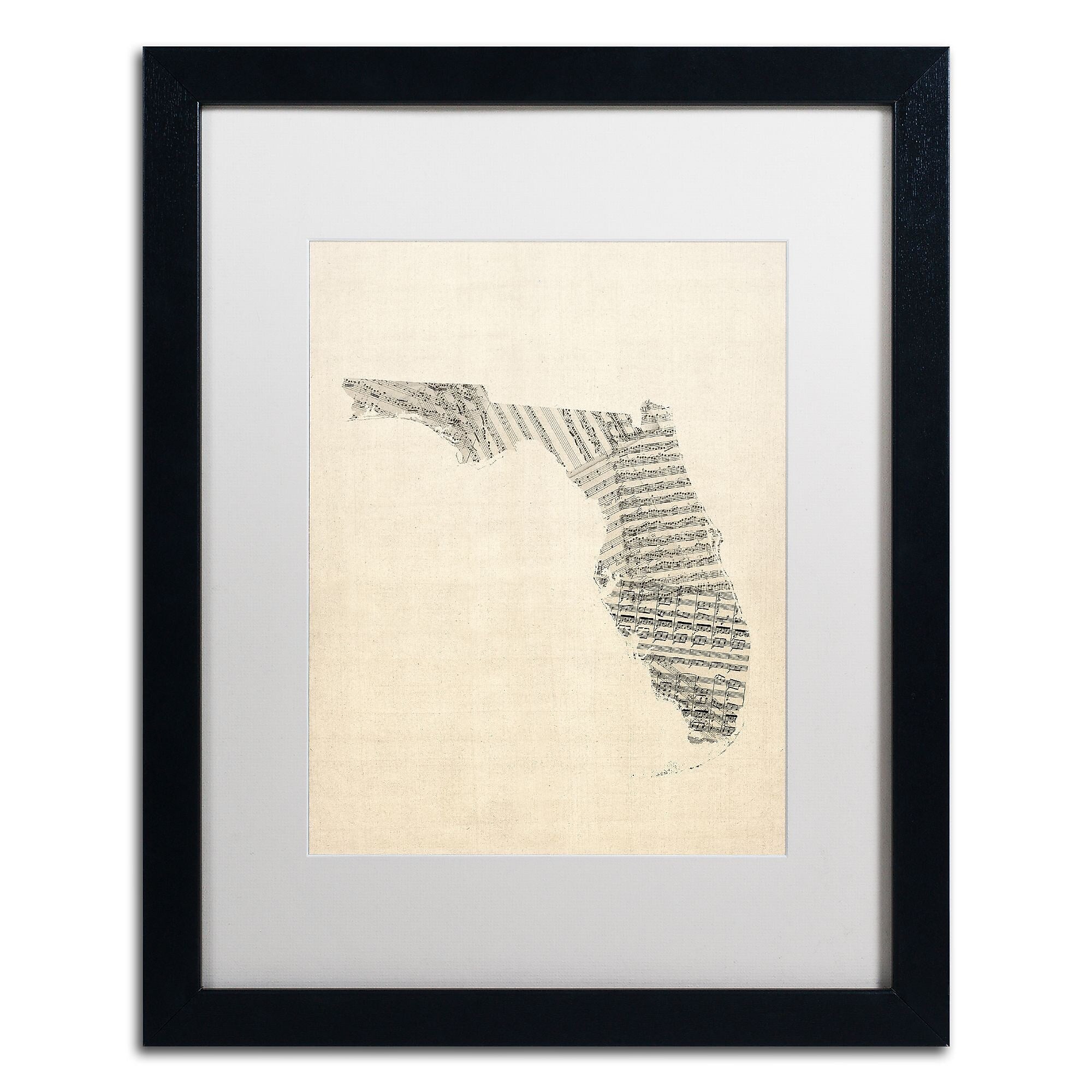Trademark Fine Art ''Old Sheet Music Map of Florida'' by Michael Tompsett 16" x 20" White Matted Black Frame (MT0529-B1620MF)