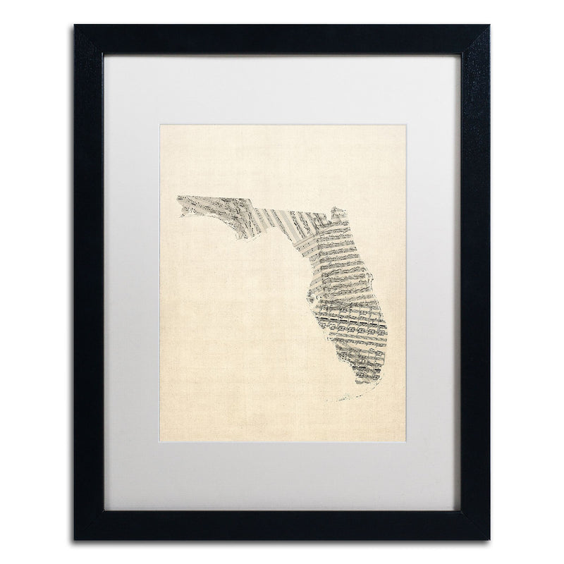 Trademark Fine Art ''Old Sheet Music Map of Florida'' by Michael Tompsett 16" x 20" White Matted Black Frame (MT0529-B1620MF)