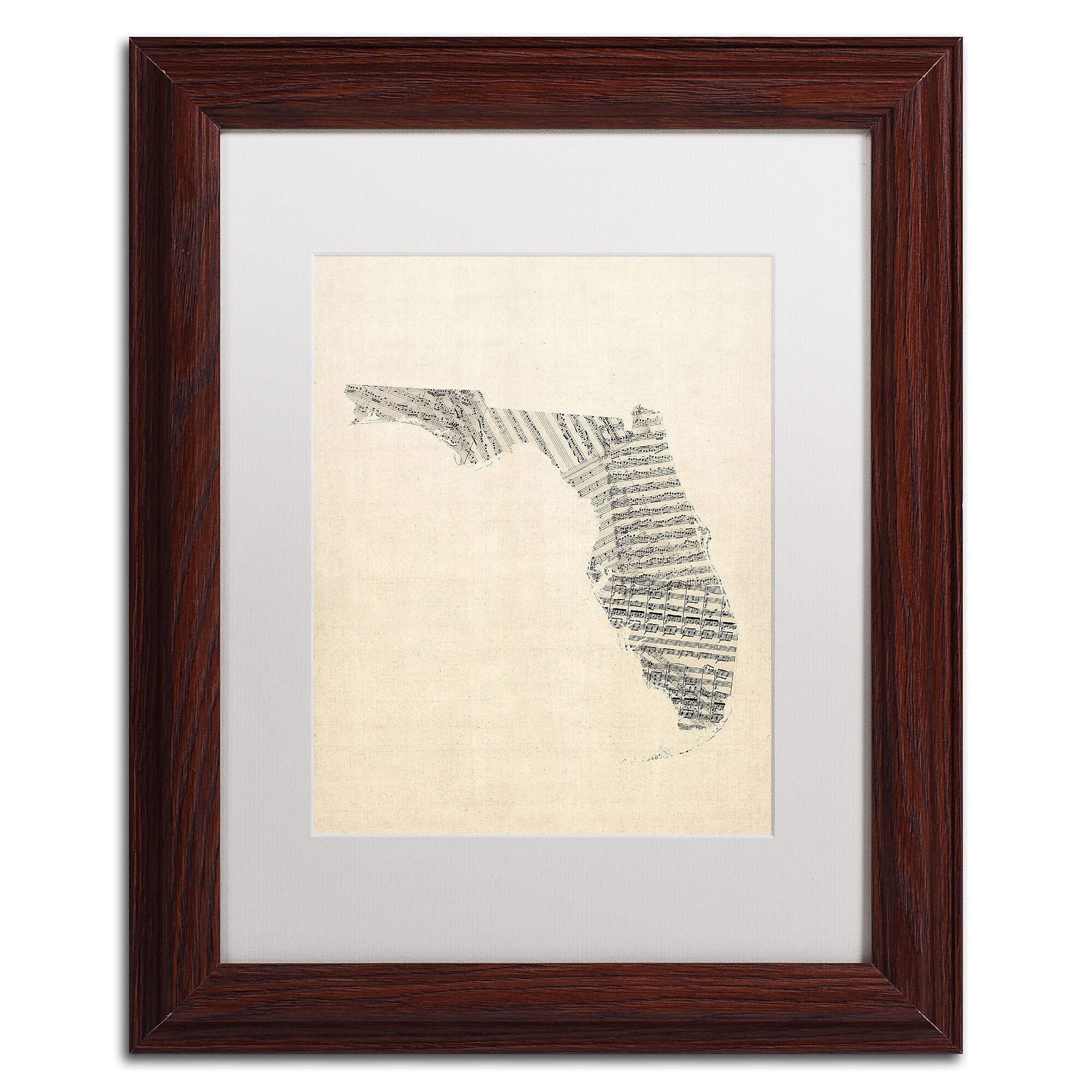 Trademark Fine Art ''Old Sheet Music Map of Florida'' by Michael Tompsett 11" x 14" White Matted Wood Frame (MT0529-W1114MF)