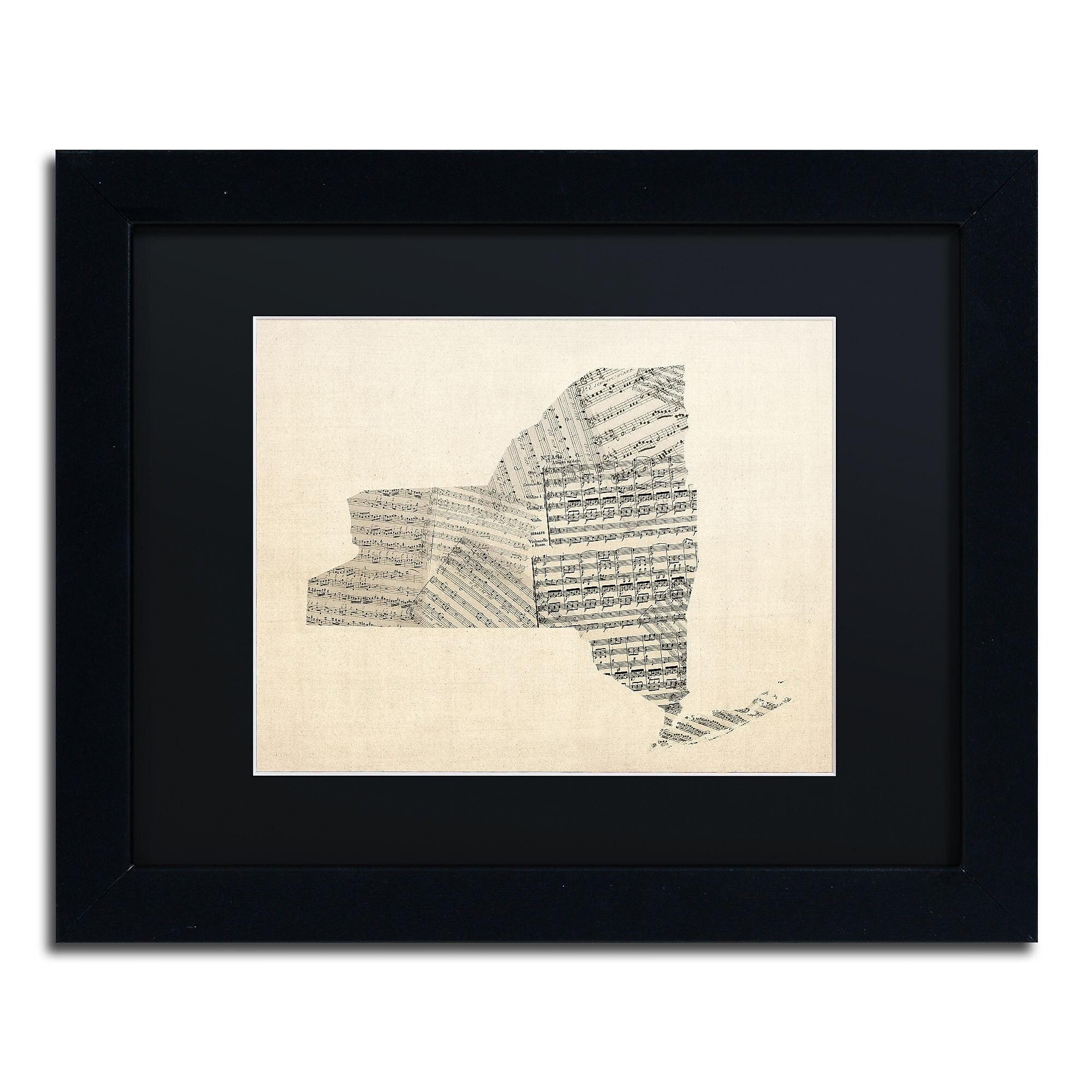 Trademark Fine Art ''Old Sheet Music Map of New York'' by Michael Tompsett 11" x 14" Black Matted Black Frame (MT0530-B1114BMF)