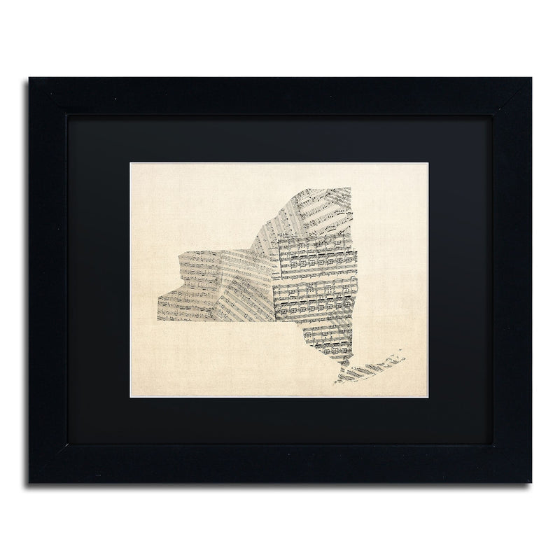 Trademark Fine Art ''Old Sheet Music Map of New York'' by Michael Tompsett 11" x 14" Black Matted Black Frame (MT0530-B1114BMF)