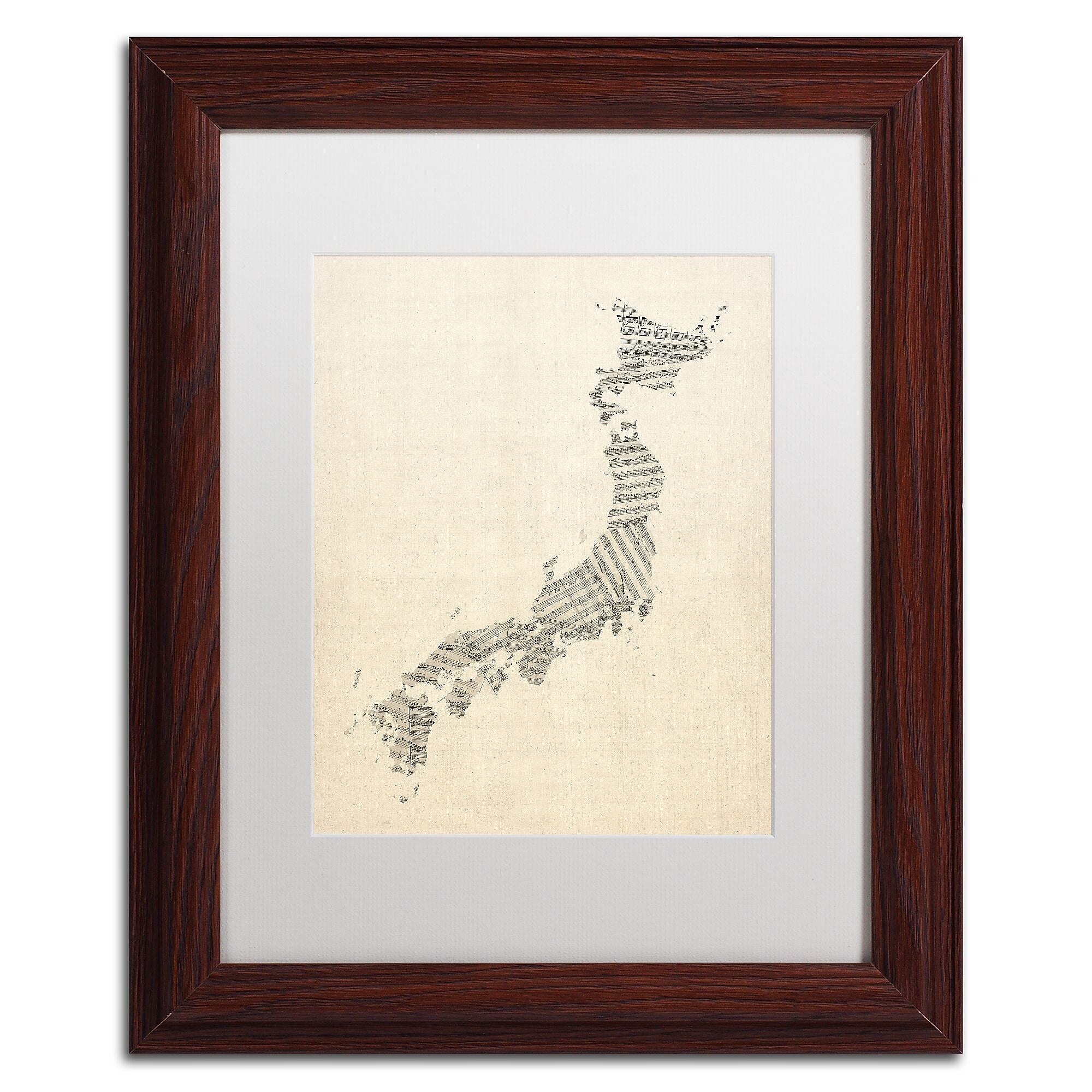 Trademark Fine Art ''Old Sheet Music Map of Japan'' by Michael Tompsett 11" x 14" White Matted Wood Frame (MT0531-W1114MF)