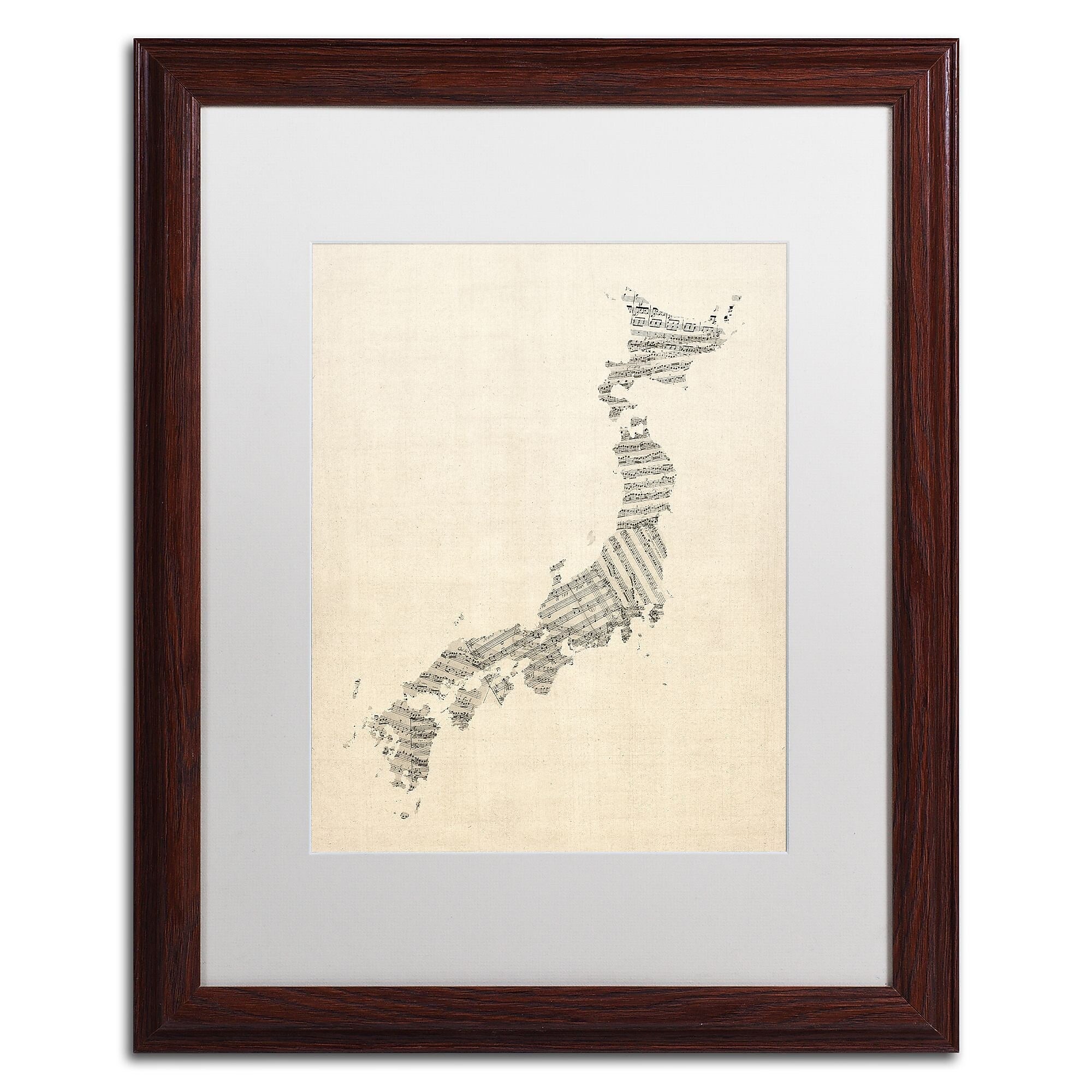 Trademark Fine Art ''Old Sheet Music Map of Japan'' by Michael Tompsett 16" x 20" White Matted Wood Frame (MT0531-W1620MF)
