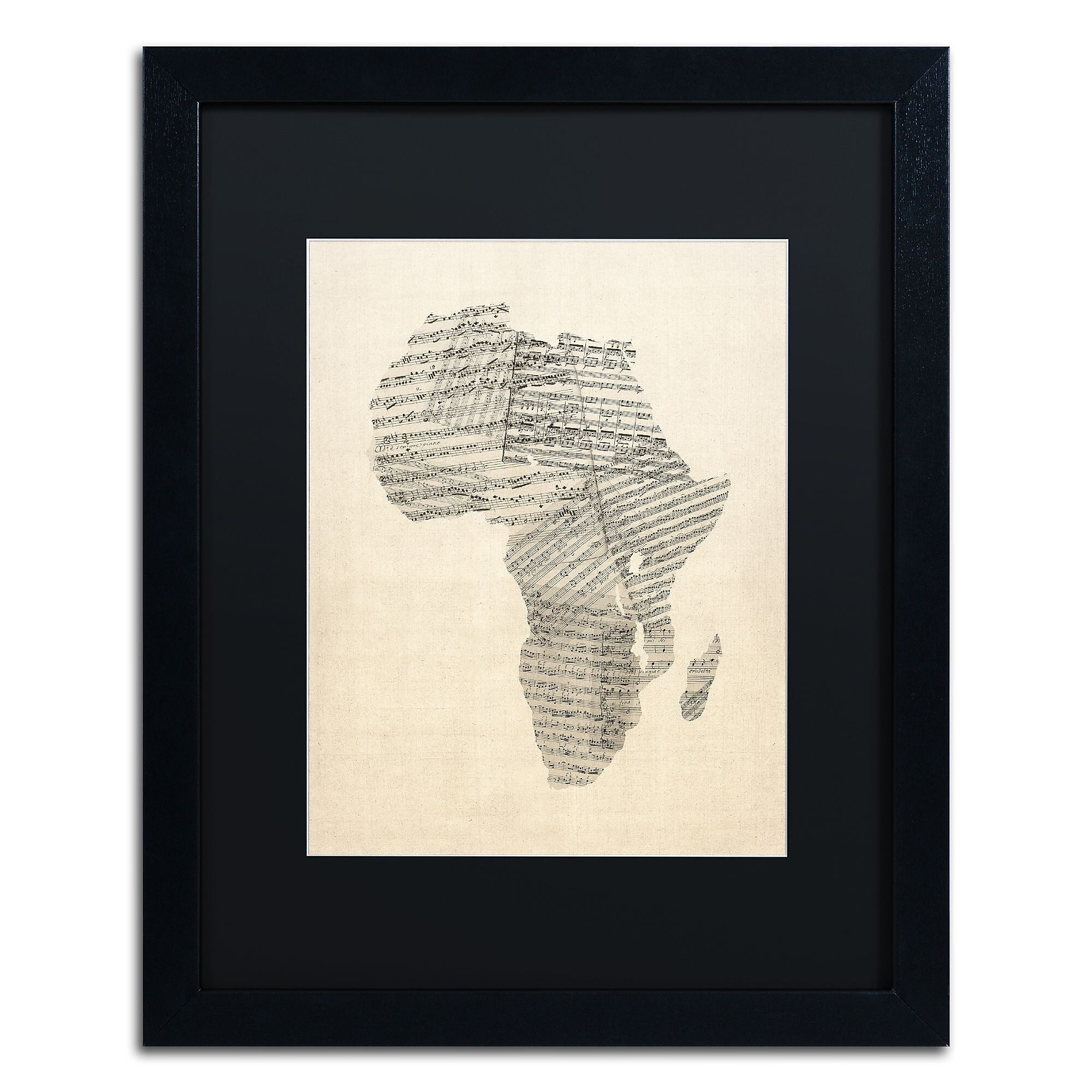 Trademark Fine Art ''Old Sheet Music Map of Africa'' by Michael Tompsett 16" x 20" Black Matted Black Frame (MT0533-B1620BMF)