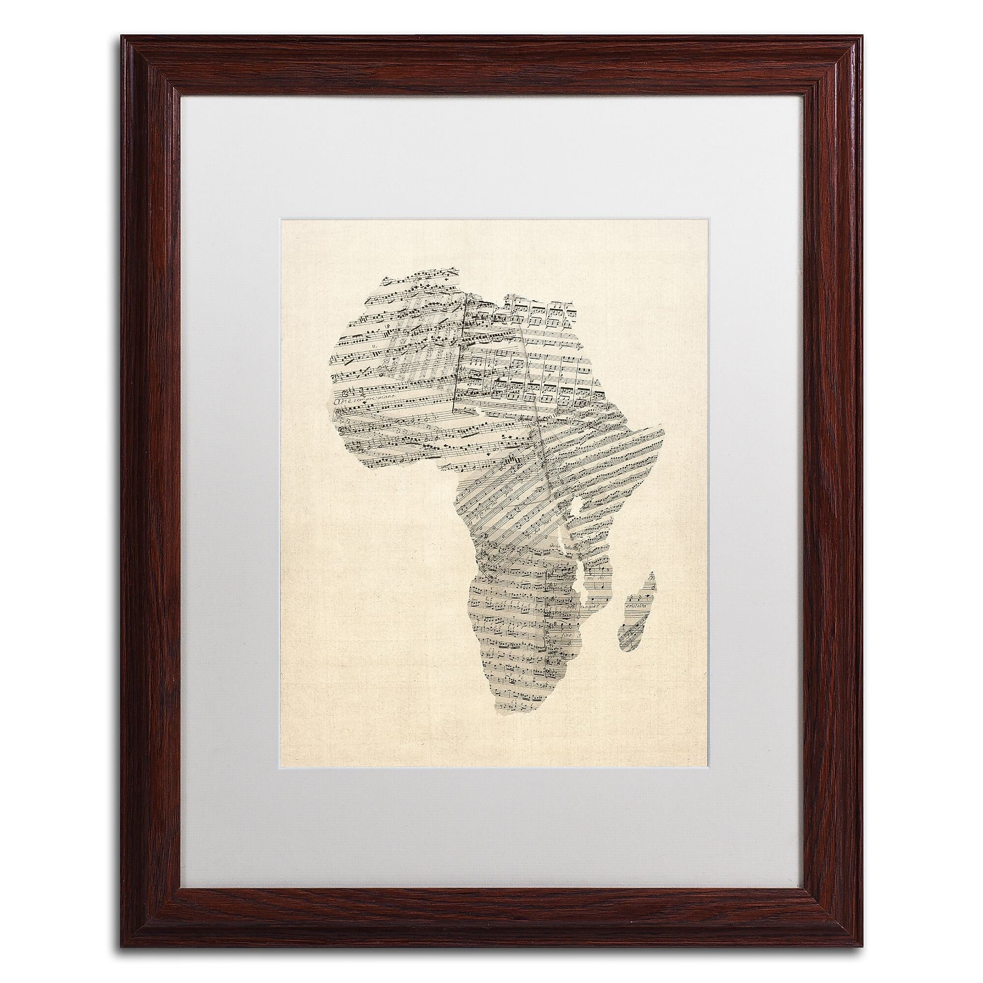 Trademark Fine Art ''Old Sheet Music Map of Africa'' by Michael Tompsett 16" x 20" White Matted Wood Frame (MT0533-W1620MF)