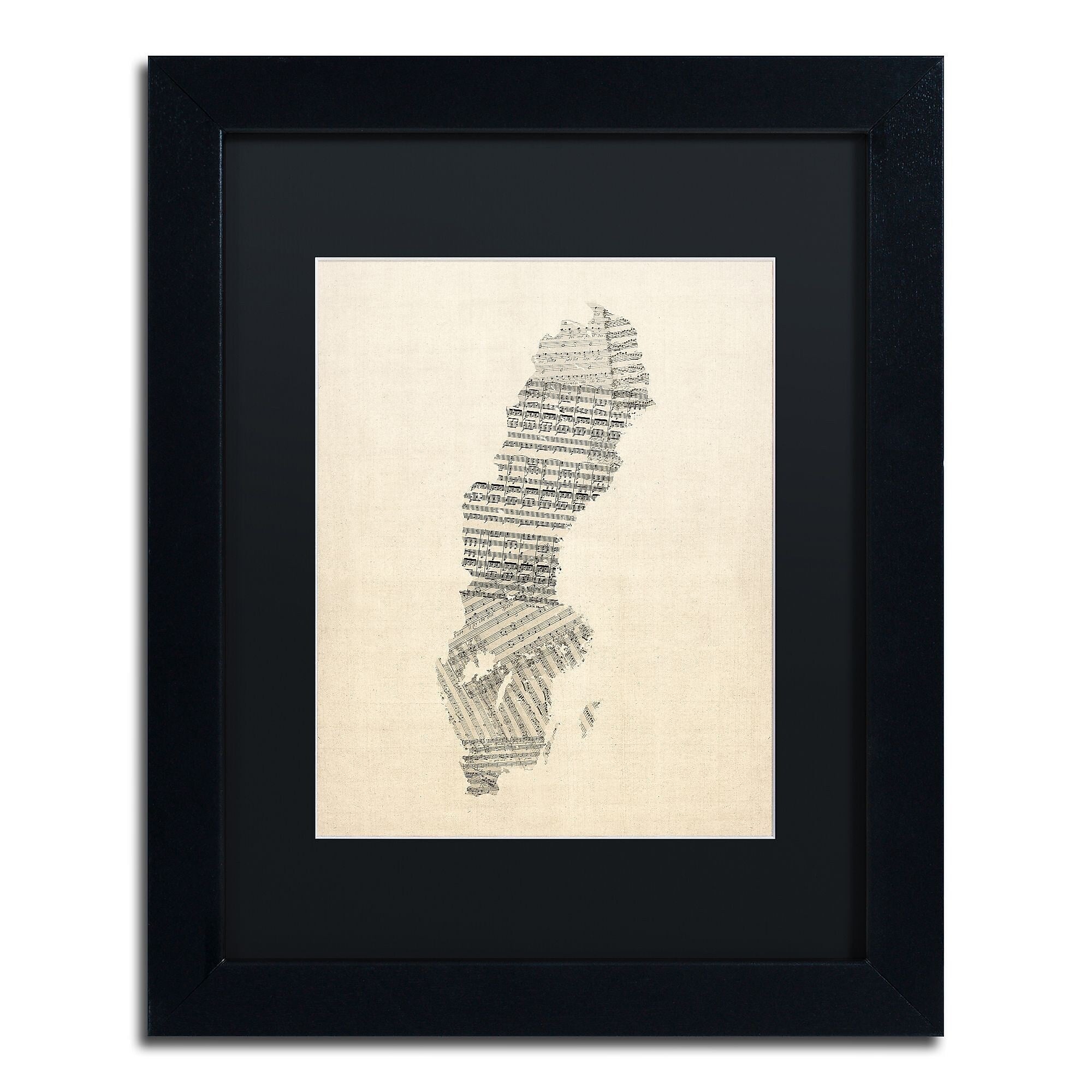 Trademark Fine Art ''Old Sheet Music Map of Sweden'' by Michael Tompsett 11" x 14" Black Matted Black Frame (MT0534-B1114BMF)