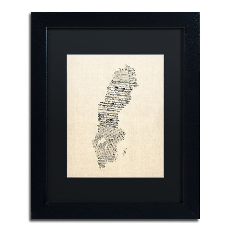 Trademark Fine Art ''Old Sheet Music Map of Sweden'' by Michael Tompsett 11" x 14" Black Matted Black Frame (MT0534-B1114BMF)