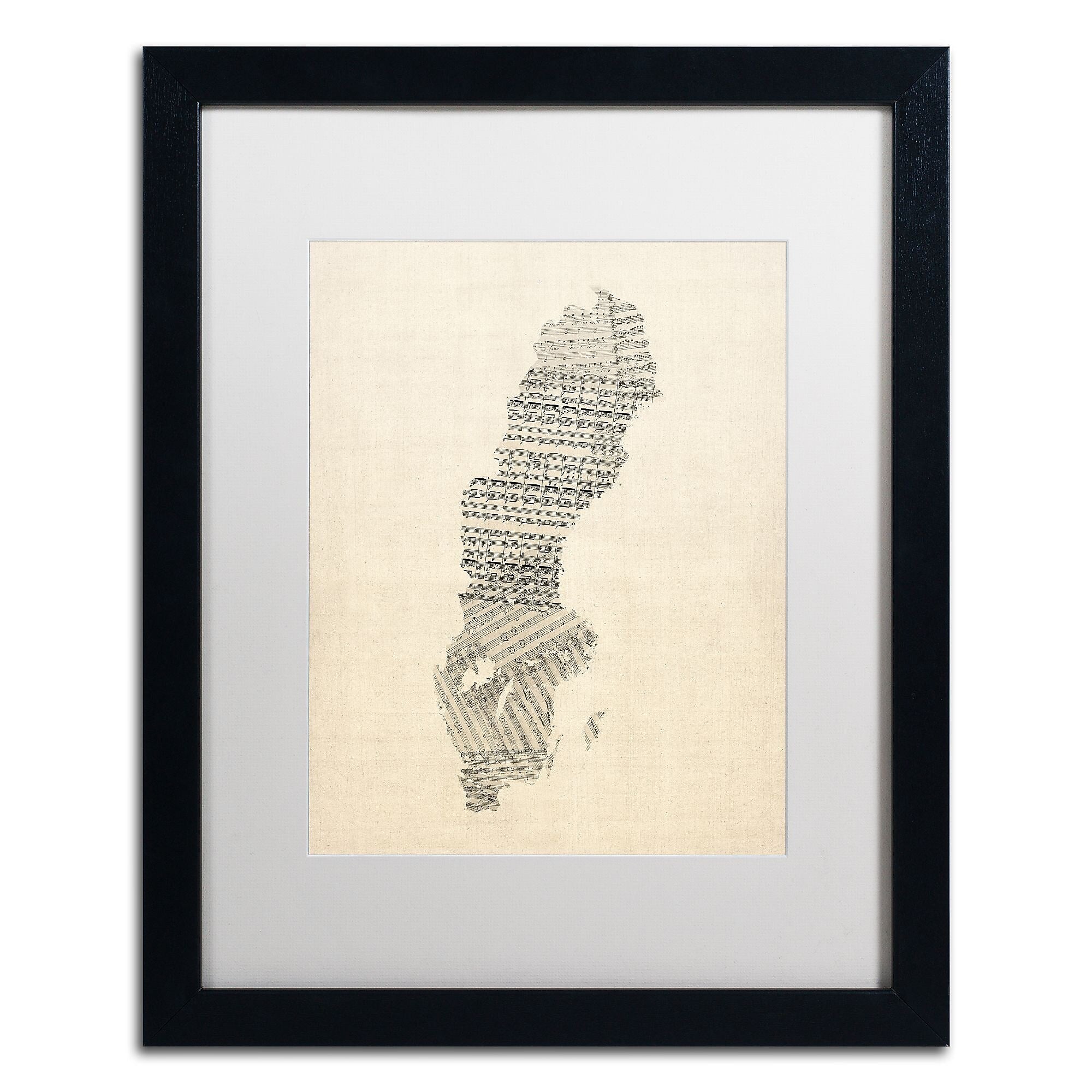 Trademark Fine Art ''Old Sheet Music Map of Sweden'' by Michael Tompsett 16" x 20" White Matted Black Frame (MT0534-B1620MF)