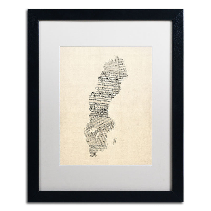 Trademark Fine Art ''Old Sheet Music Map of Sweden'' by Michael Tompsett 16" x 20" White Matted Black Frame (MT0534-B1620MF)