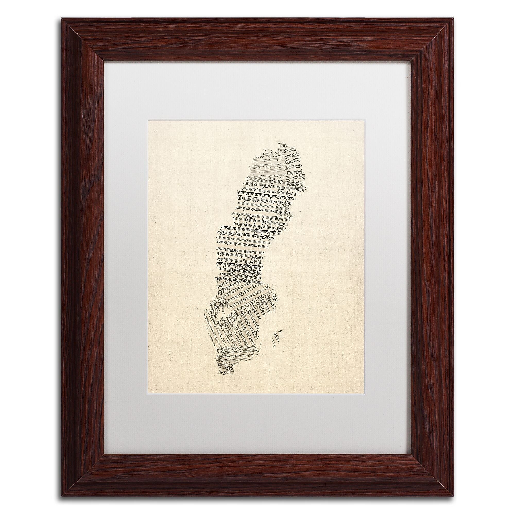 Trademark Fine Art ''Old Sheet Music Map of Sweden'' by Michael Tompsett 11" x 14" White Matted Wood Frame (MT0534-W1114MF)