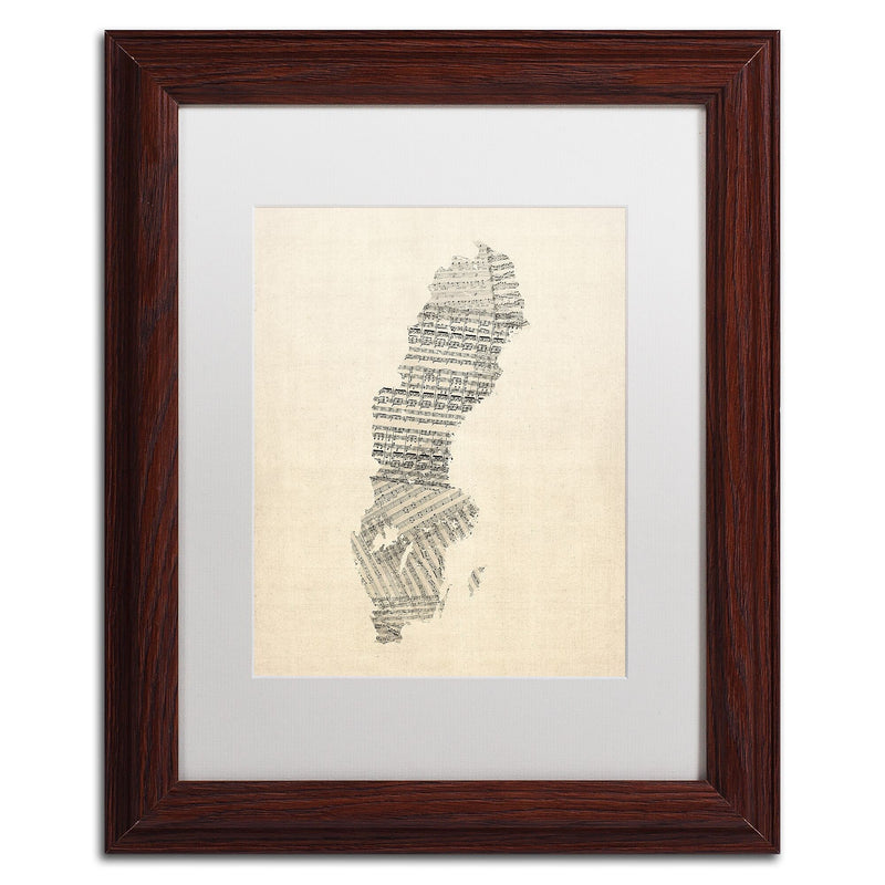 Trademark Fine Art ''Old Sheet Music Map of Sweden'' by Michael Tompsett 11" x 14" White Matted Wood Frame (MT0534-W1114MF)