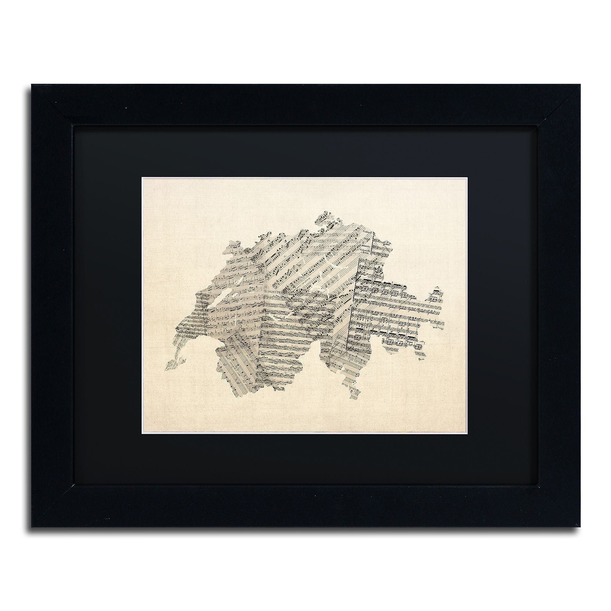 Trademark Fine Art ''Sheet Music Map of Switzerland'' by Michael Tompsett 11" x 14" Black Matted Black Frame (MT0535-B1114BMF)