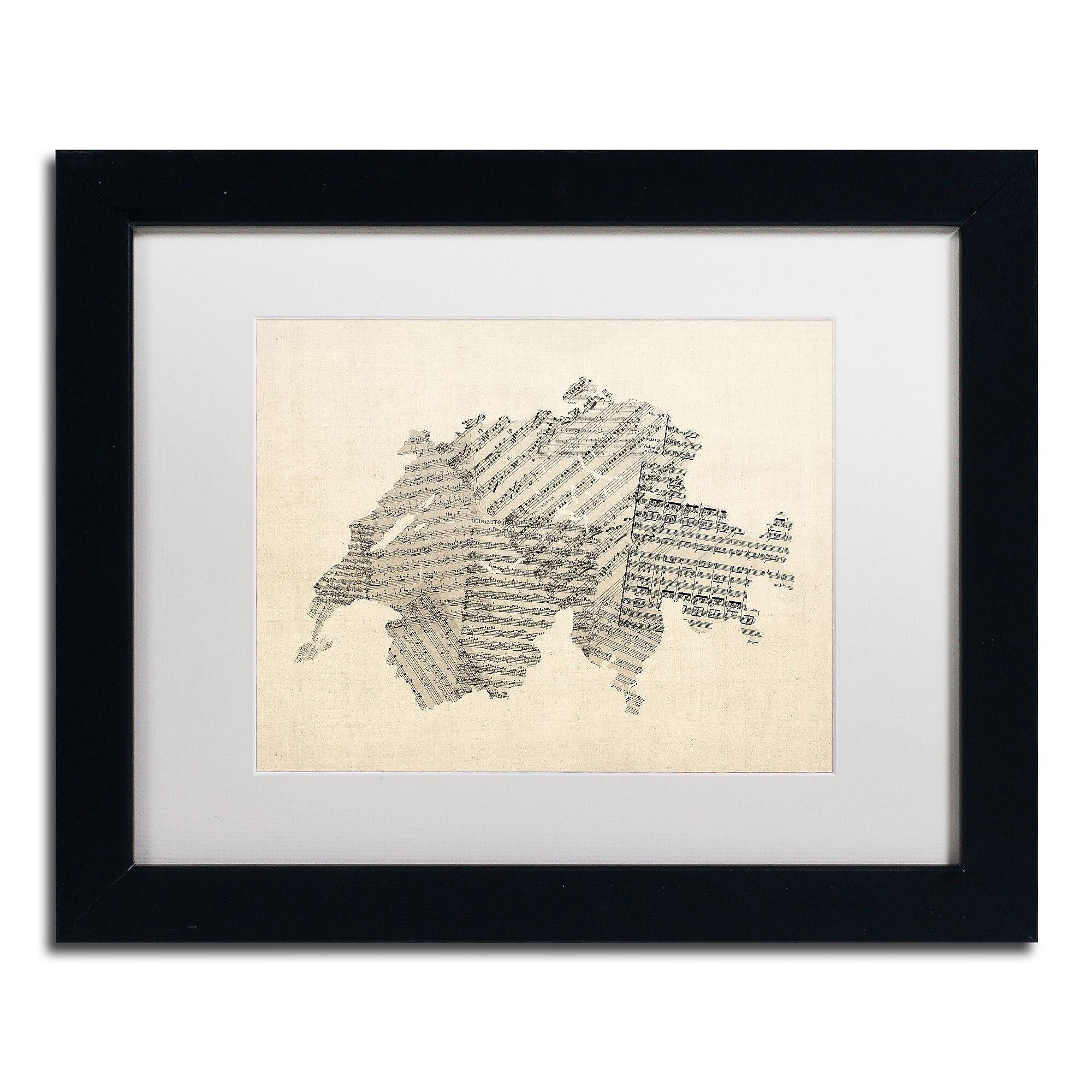 Trademark Fine Art ''Sheet Music Map of Switzerland'' by Michael Tompsett 11" x 14" White Matted Black Frame (MT0535-B1114MF)