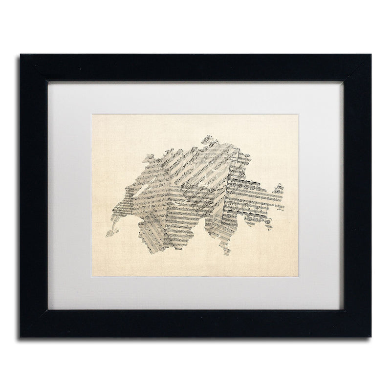 Trademark Fine Art ''Sheet Music Map of Switzerland'' by Michael Tompsett 11" x 14" White Matted Black Frame (MT0535-B1114MF)