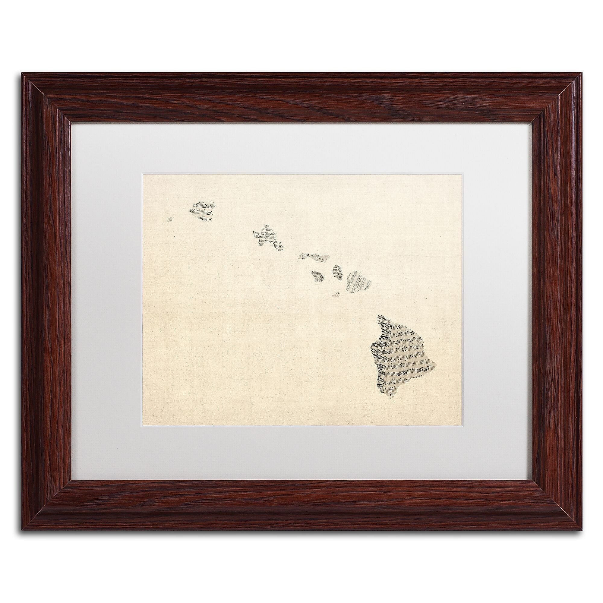 Trademark Fine Art ''Old Sheet Music Map of Hawaii'' by Michael Tompsett 11" x 14" White Matted Wood Frame (MT0536-W1114MF)