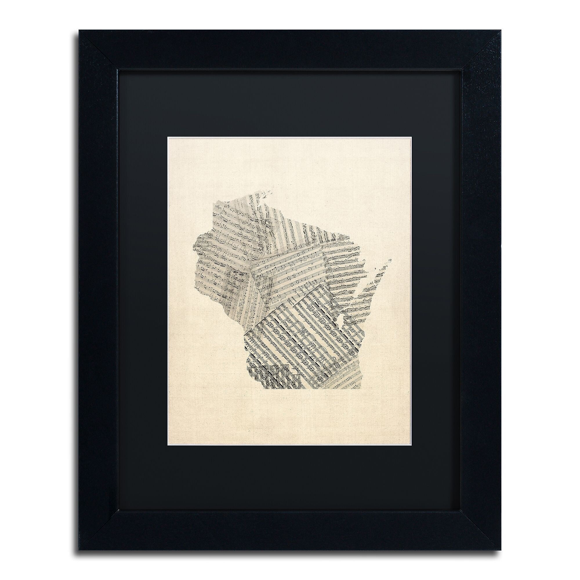 Trademark Fine Art ''Old Sheet Music Map of Wisconsin'' by Michael Tompsett 11" x 14" Black Frame (MT0537-B1114BMF)