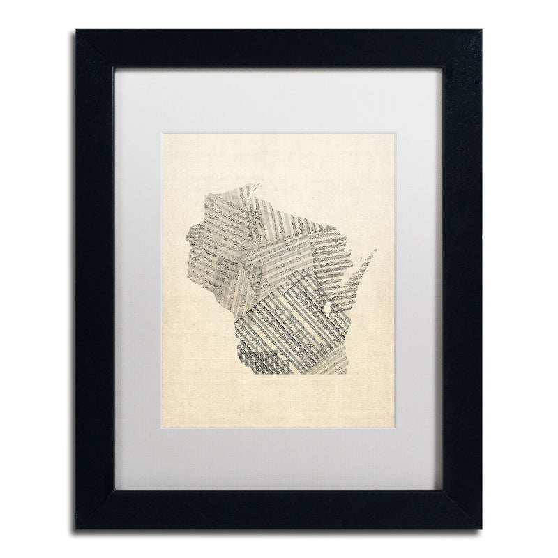 Trademark Fine Art ''Old Sheet Music Map of Wisconsin'' by Michael Tompsett 11" x 14" Black Frame (MT0537-B1114MF)