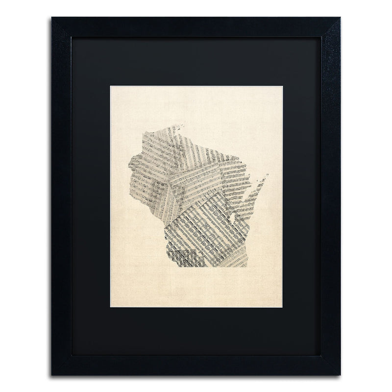 Trademark Fine Art ''Old Sheet Music Map of Wisconsin'' by Michael Tompsett 16" x 20" Black Frame (MT0537-B1620BMF)