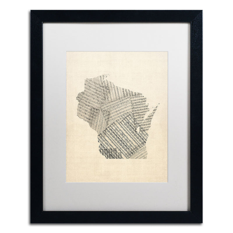 Trademark Fine Art ''Old Sheet Music Map of Wisconsin'' by Michael Tompsett 16" x 20" Black Frame (MT0537-B1620MF)