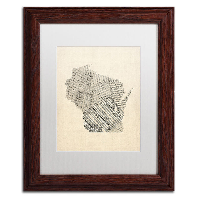 Trademark Fine Art ''Old Sheet Music Map of Wisconsin'' by Michael Tompsett 11" x 14" Wood Frame (MT0537-W1114MF)