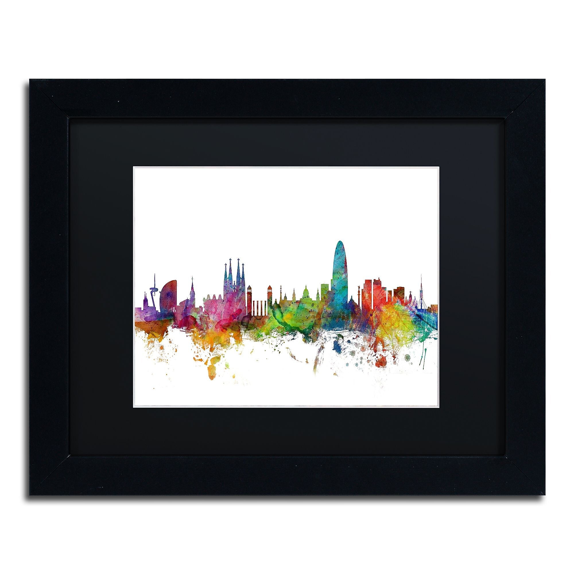 Trademark Fine Art ''Barcelona Spain Skyline'' by Michael Tompsett 11" x 14" Black Matted Black Frame (MT0544-B1114BMF)