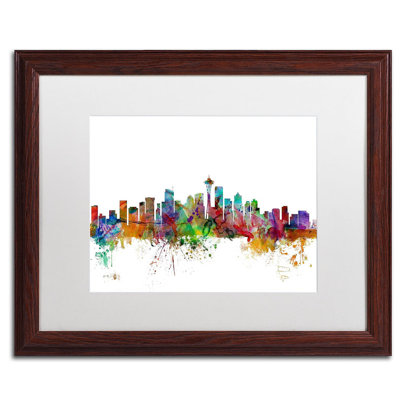 Trademark Fine Art ''Seattle Washington Skyline'' by Michael Tompsett 16" x 20" White Matted Wood Frame (MT0549-W1620MF)