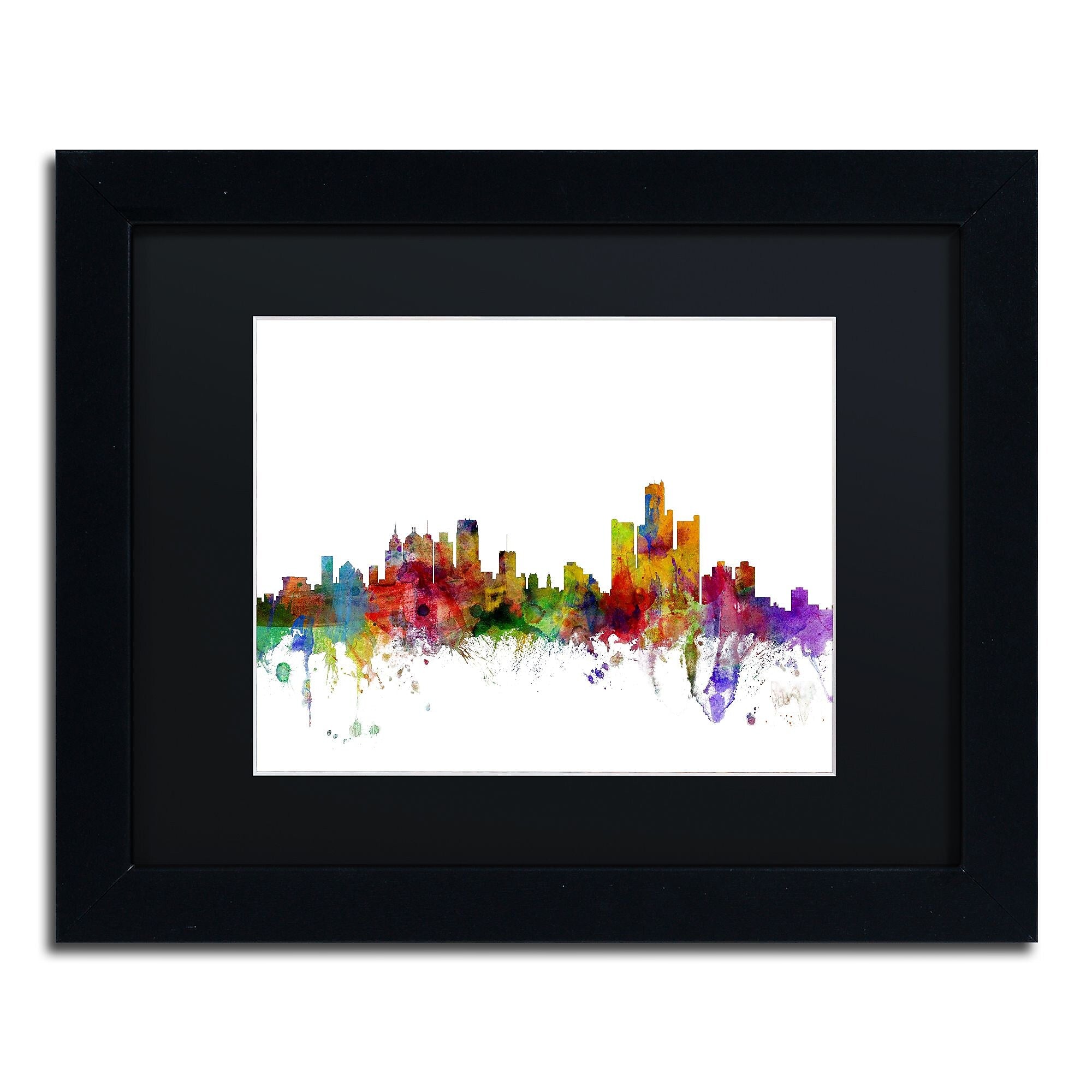 Trademark Fine Art ''Detroit Michigan Skyline'' by Michael Tompsett 11" x 14" Black Matted Black Frame (MT0557-B1114BMF)