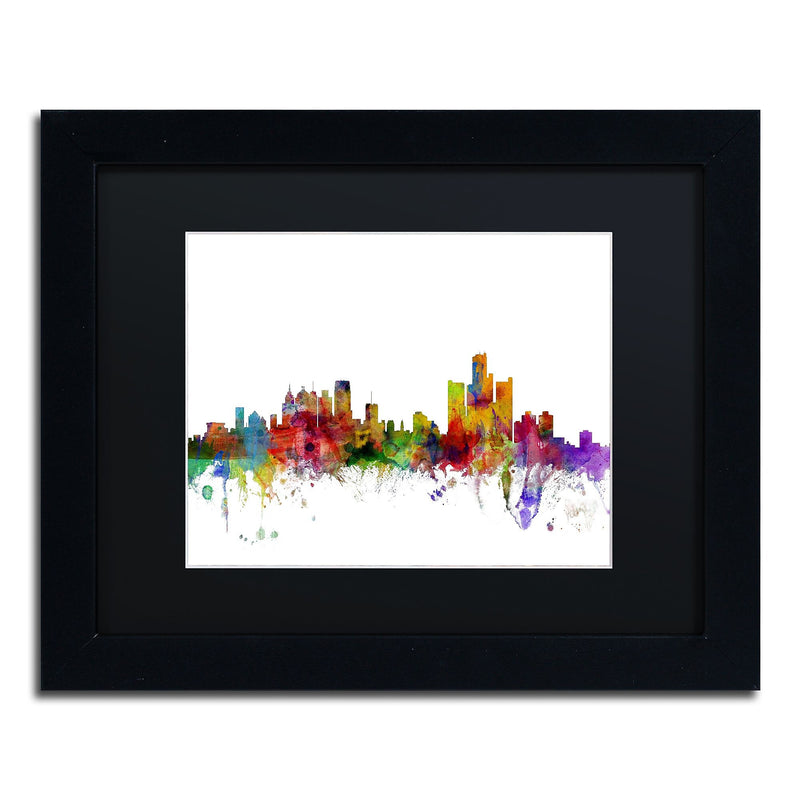 Trademark Fine Art ''Detroit Michigan Skyline'' by Michael Tompsett 11" x 14" Black Matted Black Frame (MT0557-B1114BMF)