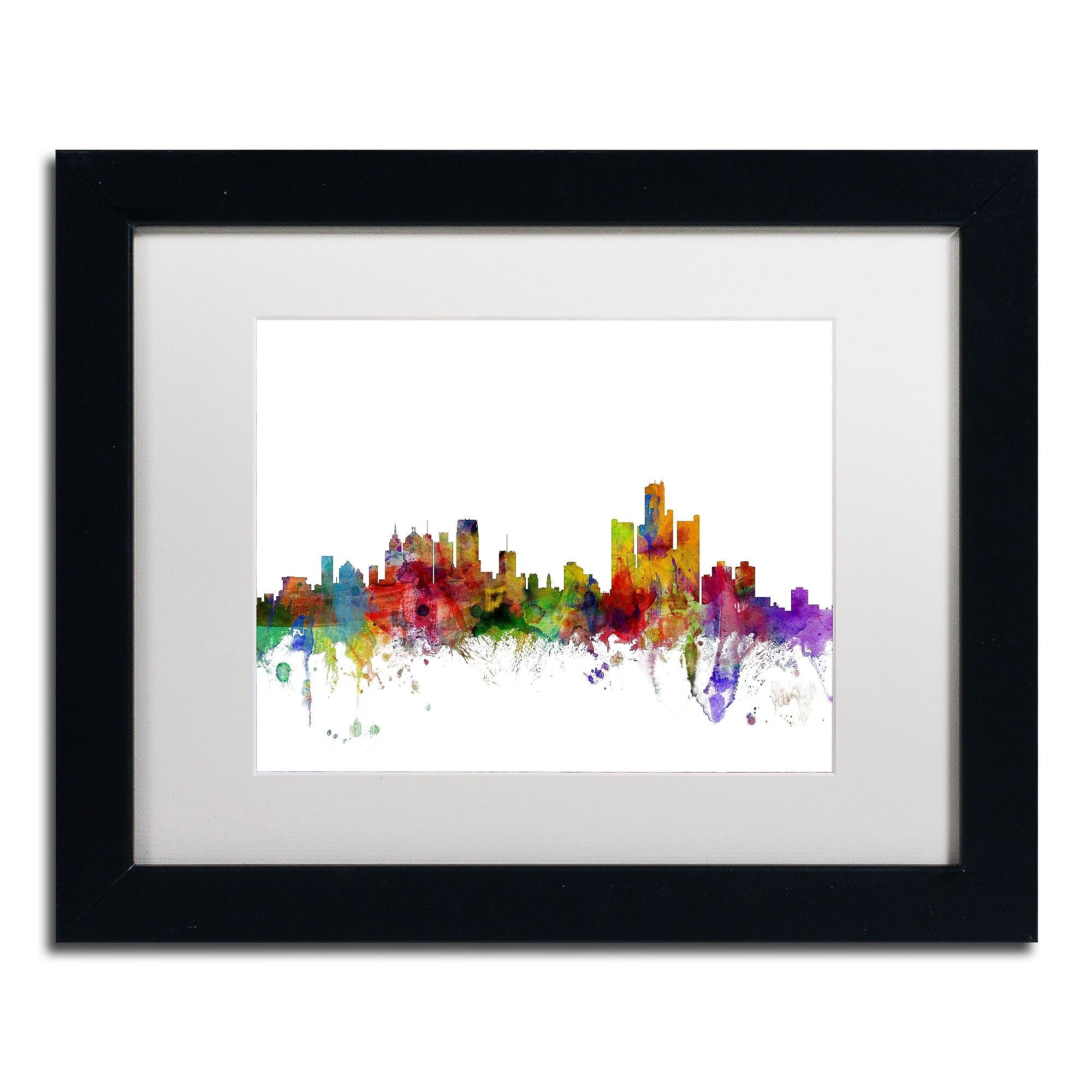 Trademark Fine Art ''Detroit Michigan Skyline'' by Michael Tompsett 11" x 14" White Matted Black Frame (MT0557-B1114MF)