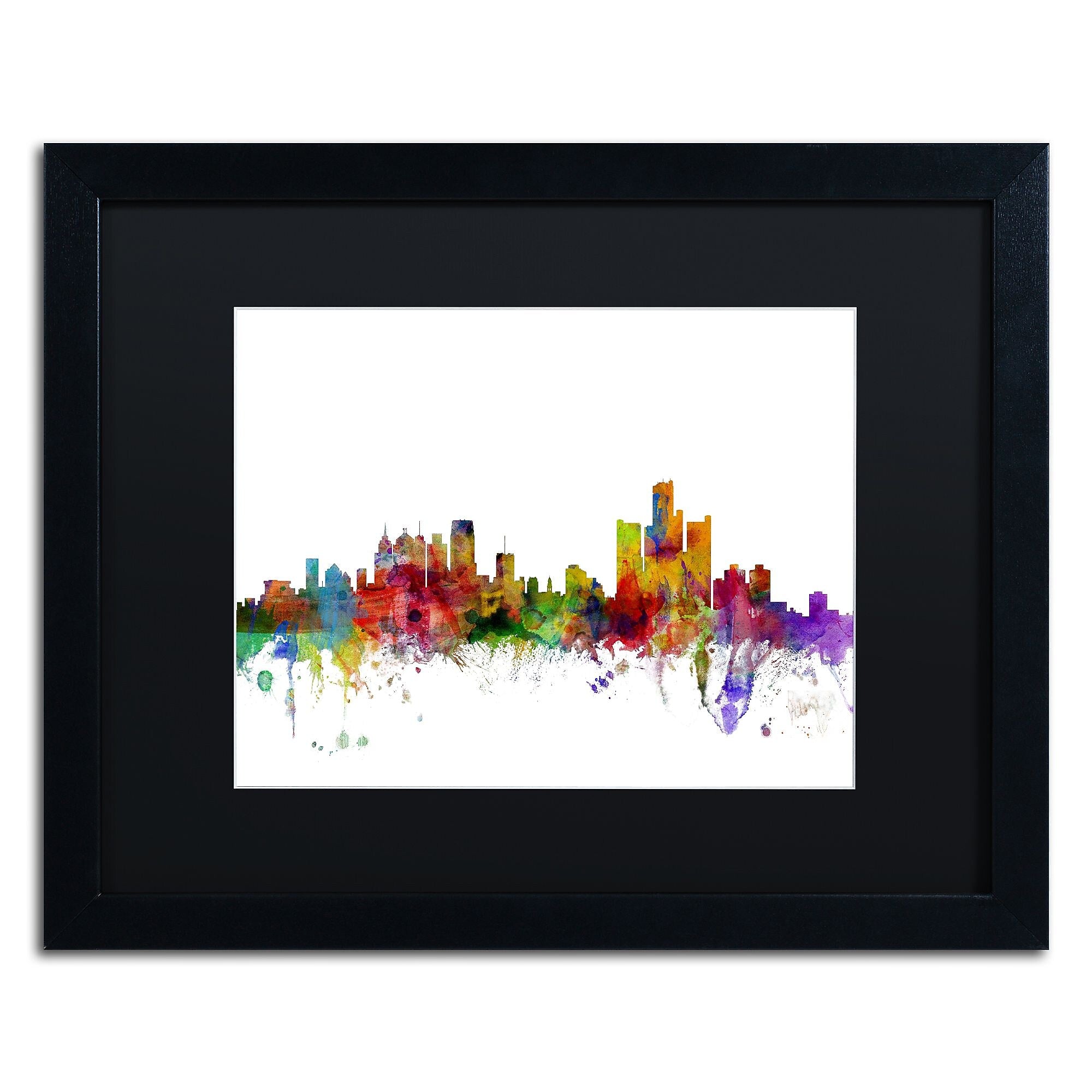 Trademark Fine Art ''Detroit Michigan Skyline'' by Michael Tompsett 16" x 20" Black Matted Black Frame (MT0557-B1620BMF)