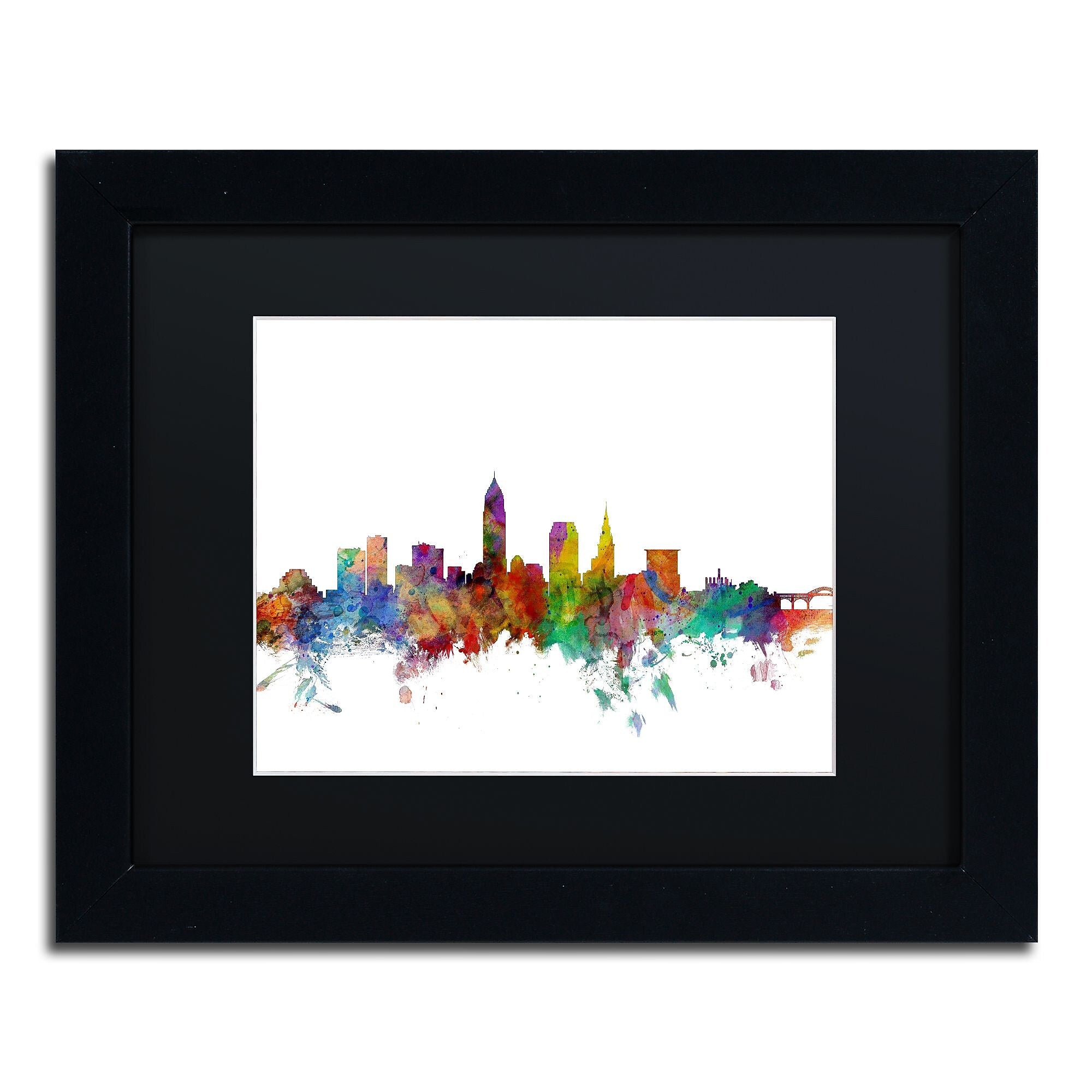 Trademark Fine Art ''Cleveland Ohio Skyline'' by Michael Tompsett 11" x 14" Black Matted Black Frame (MT0559-B1114BMF)