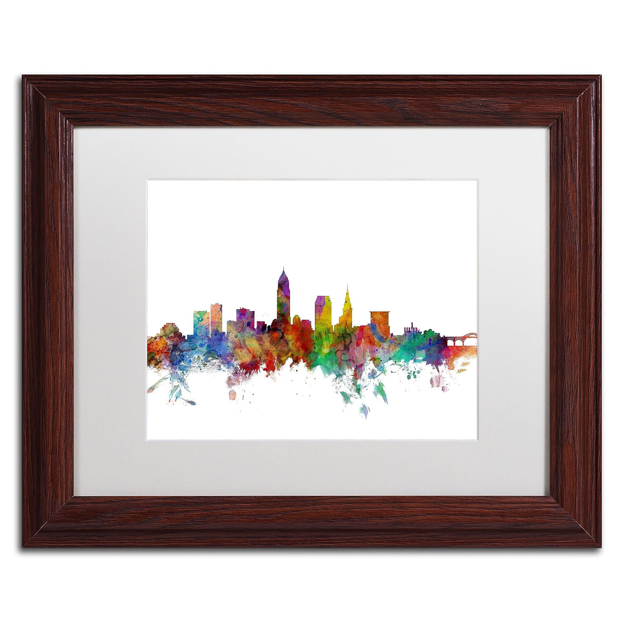 Trademark Fine Art ''Cleveland Ohio Skyline'' by Michael Tompsett 11" x 14" White Matted Wood Frame (MT0559-W1114MF)