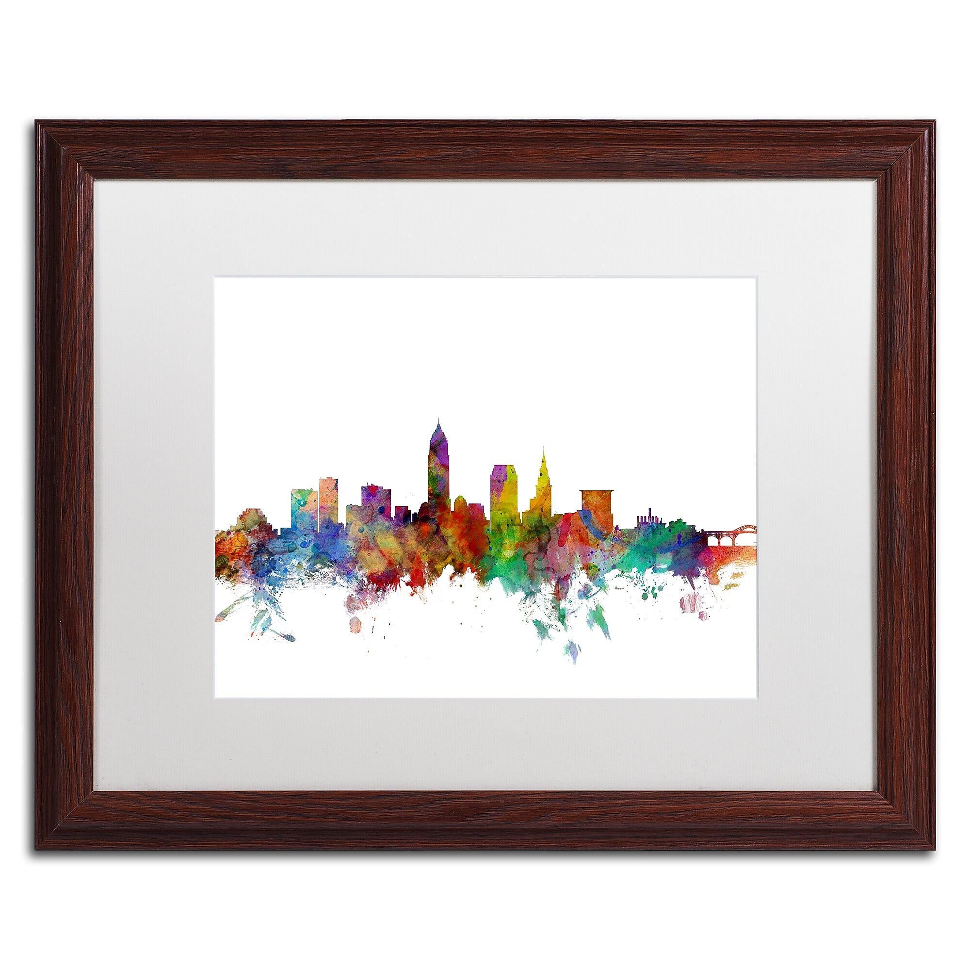 Trademark Fine Art ''Cleveland Ohio Skyline'' by Michael Tompsett 16" x 20" White Matted Wood Frame (MT0559-W1620MF)