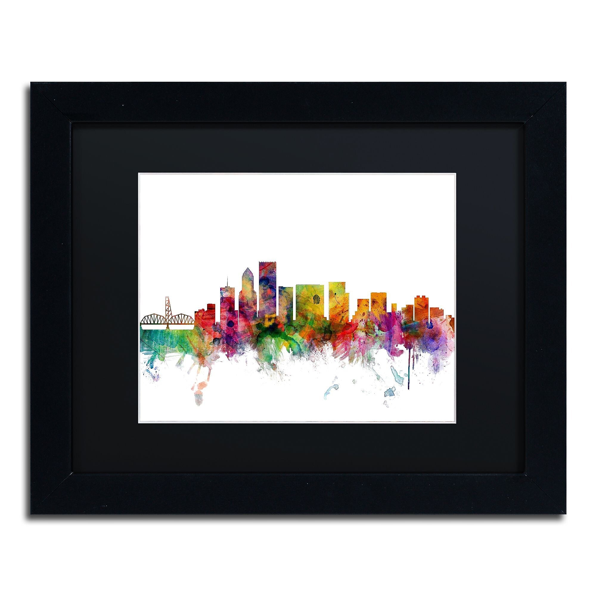 Trademark Fine Art ''Portland Oregon Skyline'' by Michael Tompsett 11" x 14" Black Matted Black Frame (MT0570-B1114BMF)