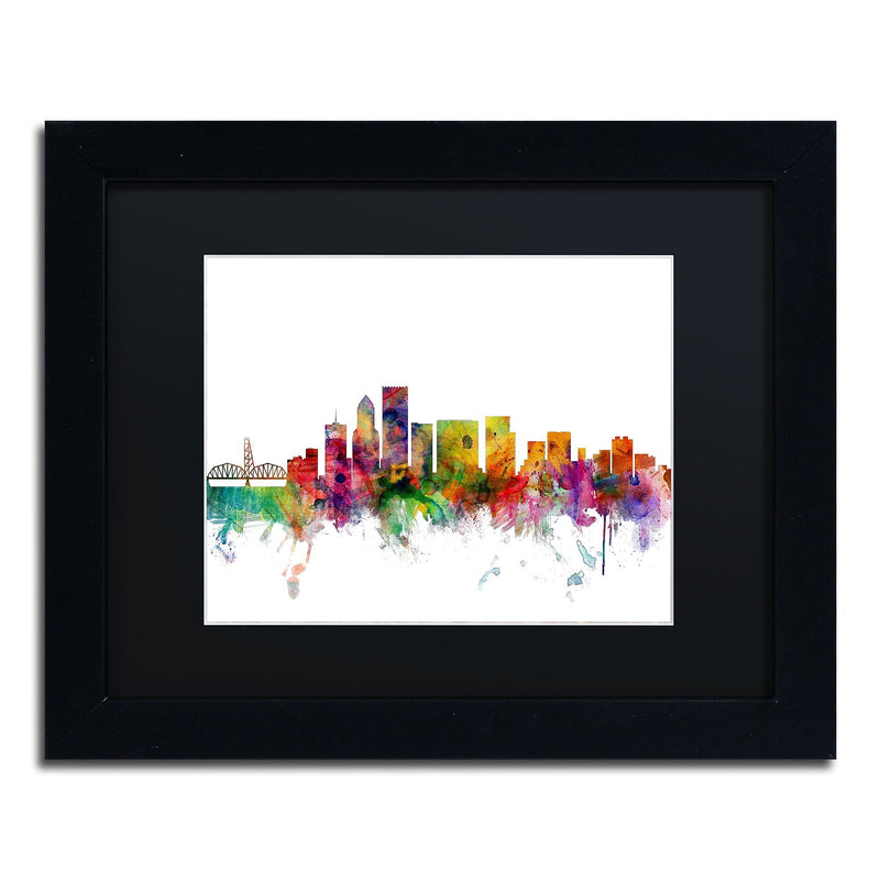 Trademark Fine Art ''Portland Oregon Skyline'' by Michael Tompsett 11" x 14" Black Matted Black Frame (MT0570-B1114BMF)