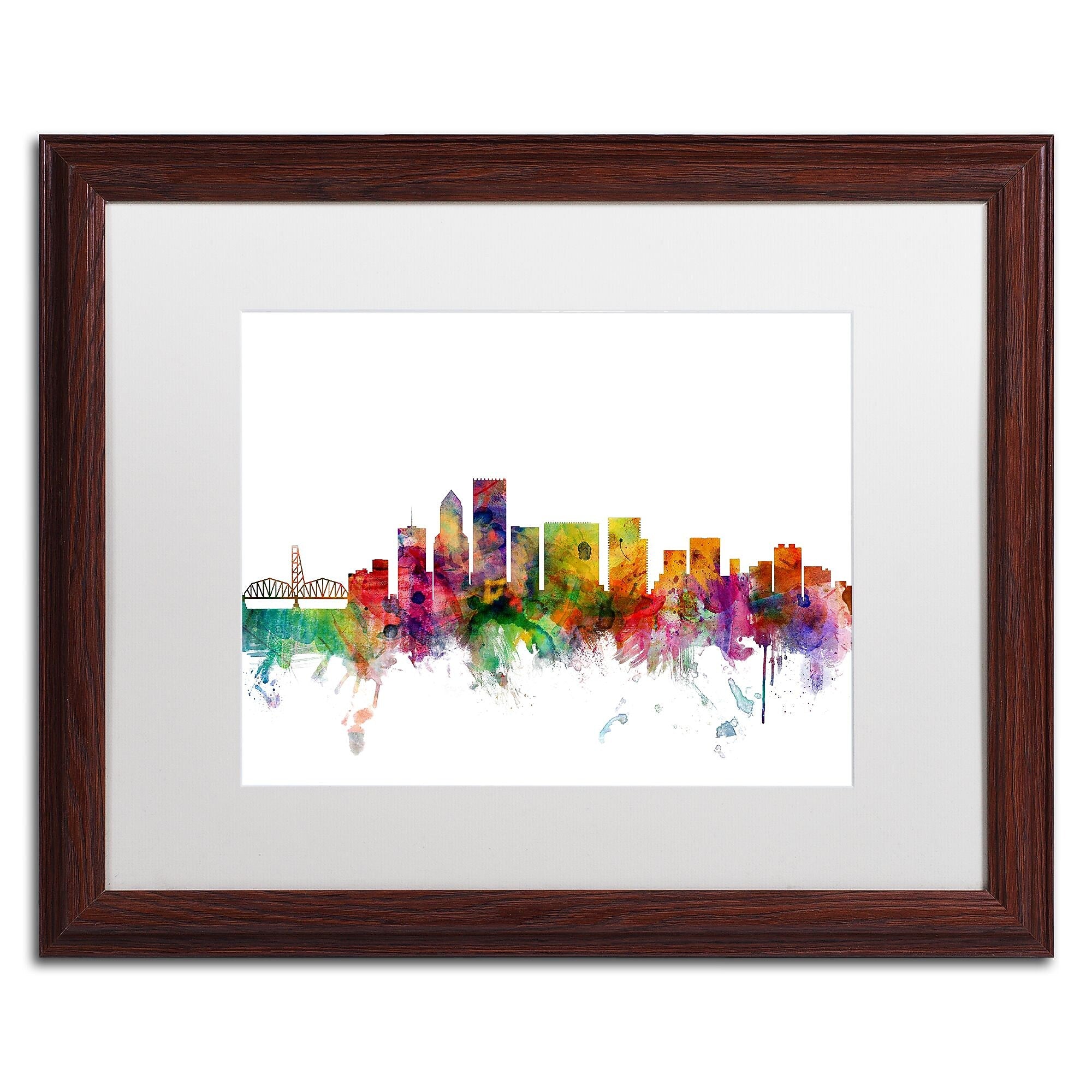 Trademark Fine Art ''Portland Oregon Skyline'' by Michael Tompsett 16" x 20" White Matted Wood Frame (MT0570-W1620MF)