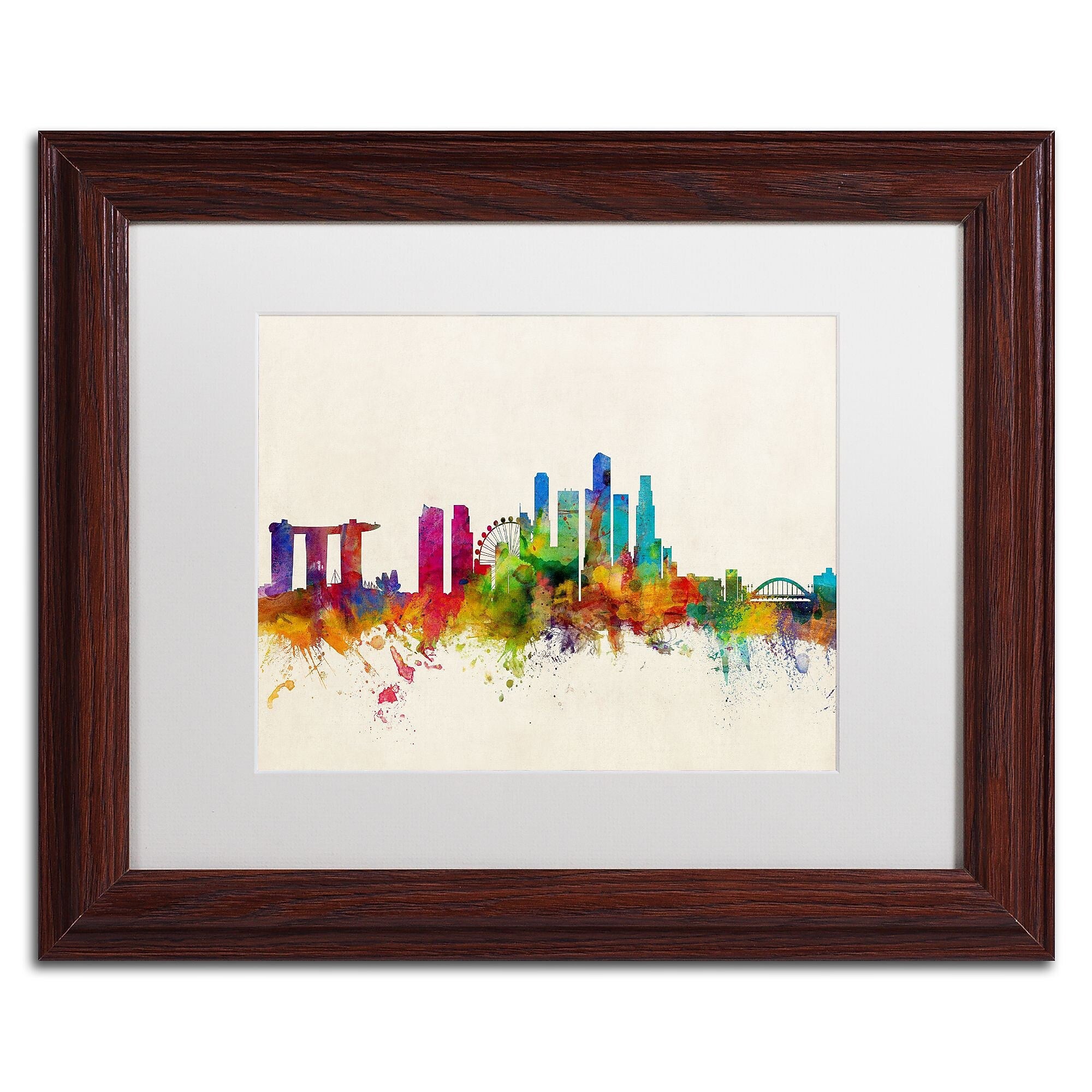 Trademark Fine Art ''Singapore Skyline'' by Michael Tompsett 11" x 14" White Matted Wood Frame (MT0606-W1114MF)