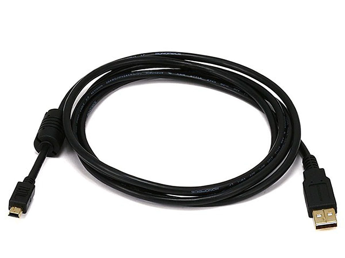 Monoprice® 3' Gold Plated USB 2.0 A Male to Mini-B 5pin Male 28/24AWG Cable With Ferrite Core, Black