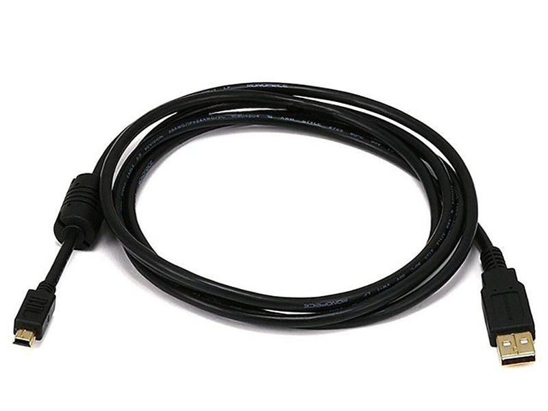 Monoprice® 3' Gold Plated USB 2.0 A Male to Mini-B 5pin Male 28/24AWG Cable With Ferrite Core, Black