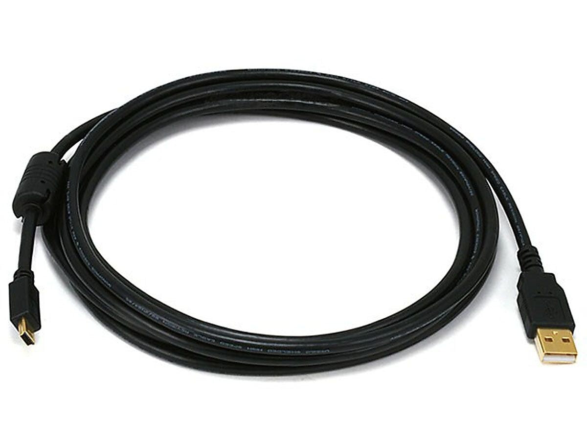 Monoprice® 6' Gold Plated USB 2.0 A Male to Mini-B 5pin Male 28/24AWG Cable With Ferrite Core, Black