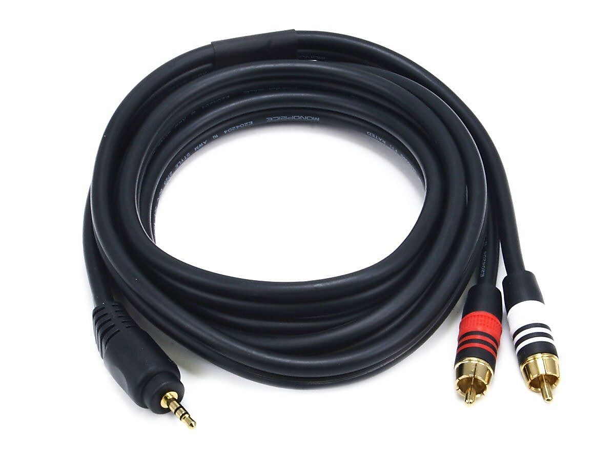 Monoprice® Premium 6' Gold Plated 3.5mm Stereo Male to 2-RCA Male 22AWG Cable, Black